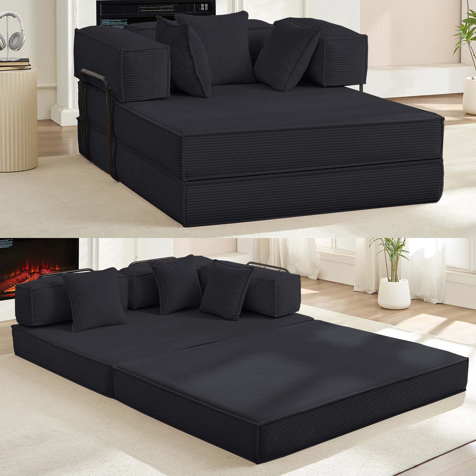 BALUS No Assembly Queen Size Convertible Couch Bed, 4 in 1 Apartment Lounge Bed, Fold Out Floor Sleeper for Bedroom/Living Room, Corduroy