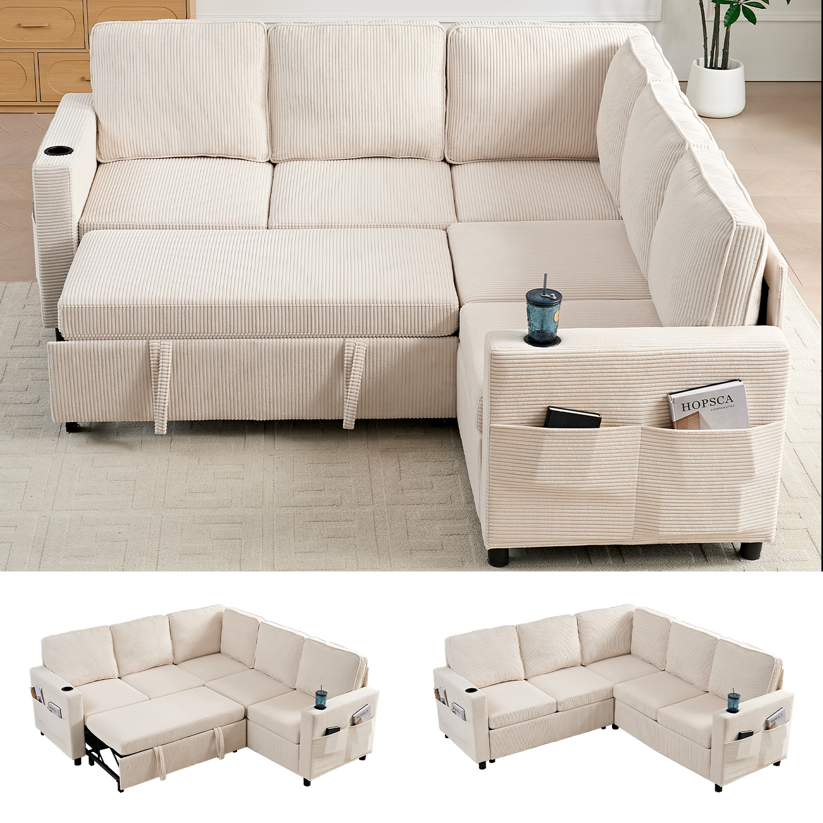 PUREMIND 82.3" Sectional Sleeper Sofa with Pull Out Bed, L Shaped Sofa with Storage Space, Cup Holders and Side Pockets, Sectional Couches for Living Room