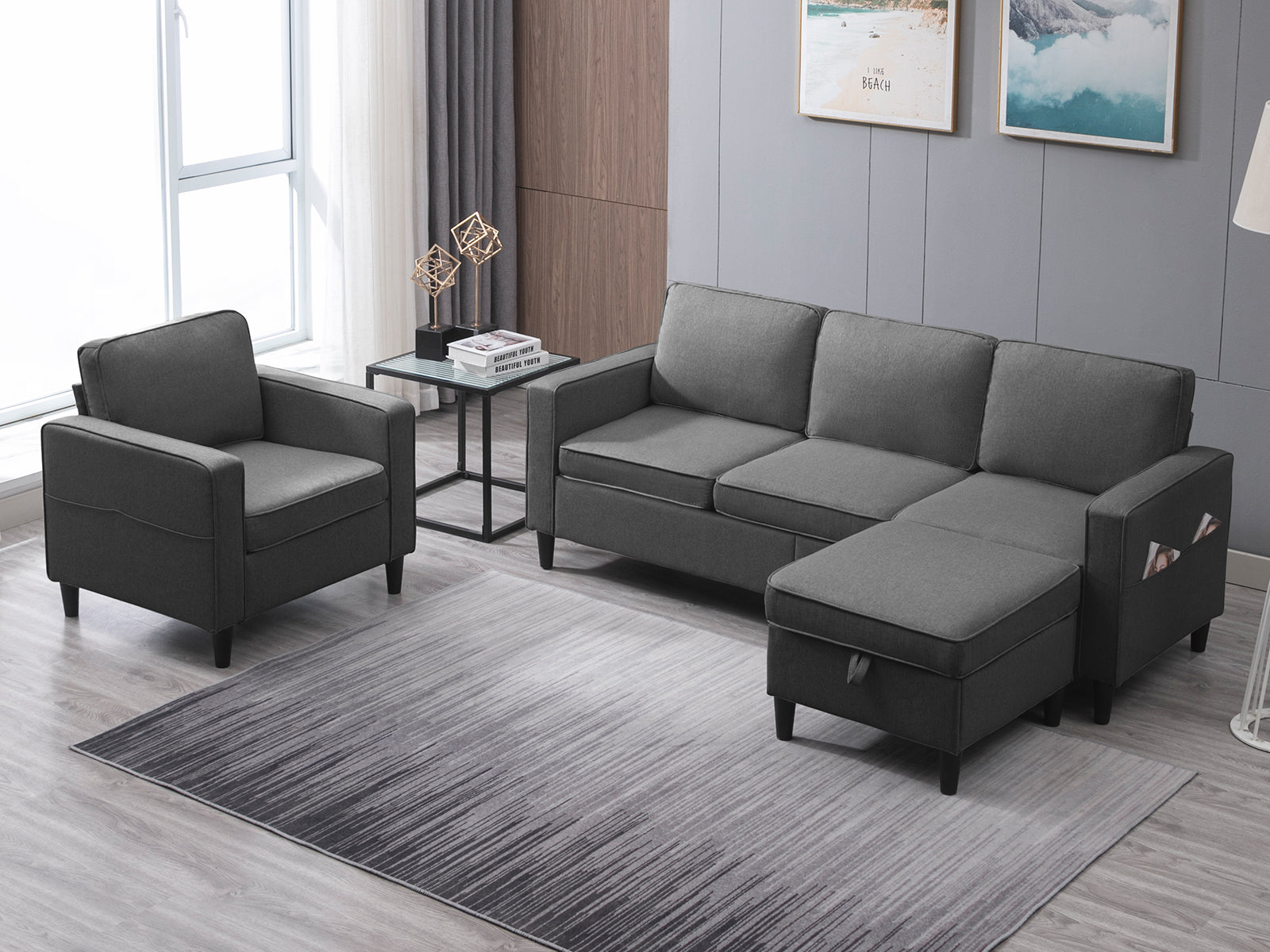 Puremind Sofa Set with Storage Ottoman, Living Room Furniture Sets, Linen Sectional Couch Sets for Living Room/Apartment
