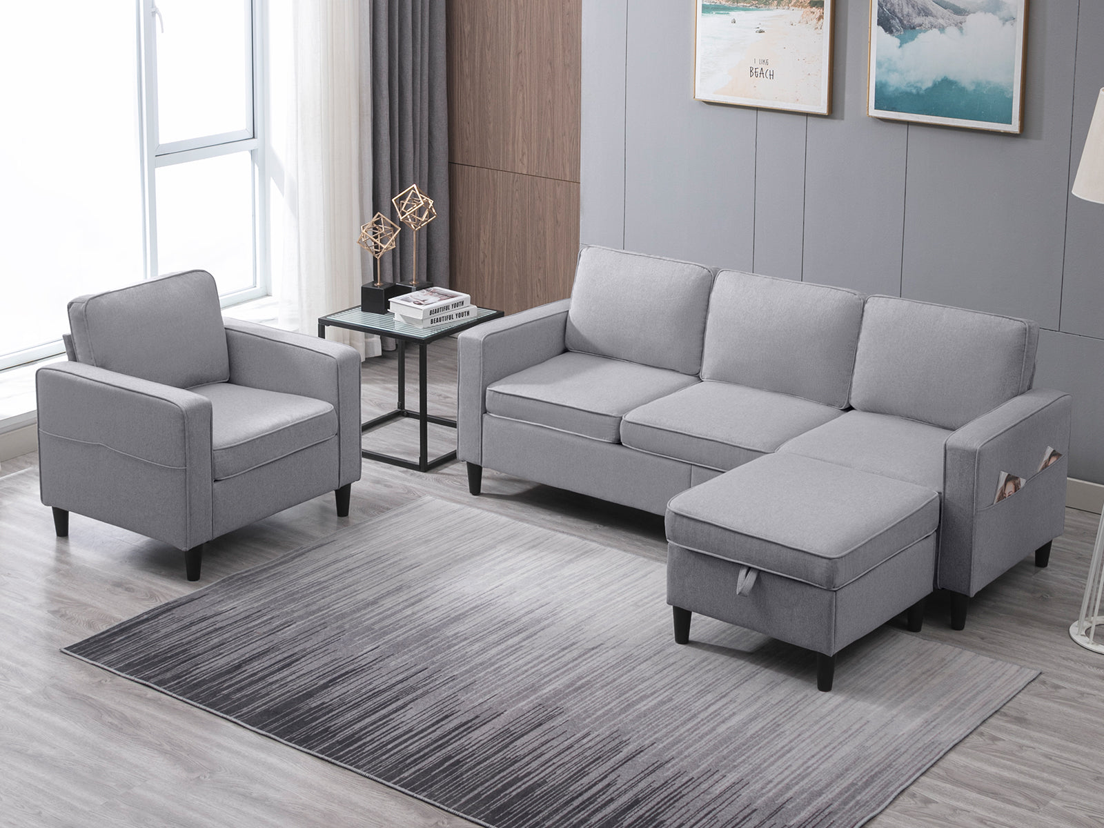 Puremind Sofa Set with Storage Ottoman, Living Room Furniture Sets, Linen Sectional Couch Sets for Living Room/Apartment