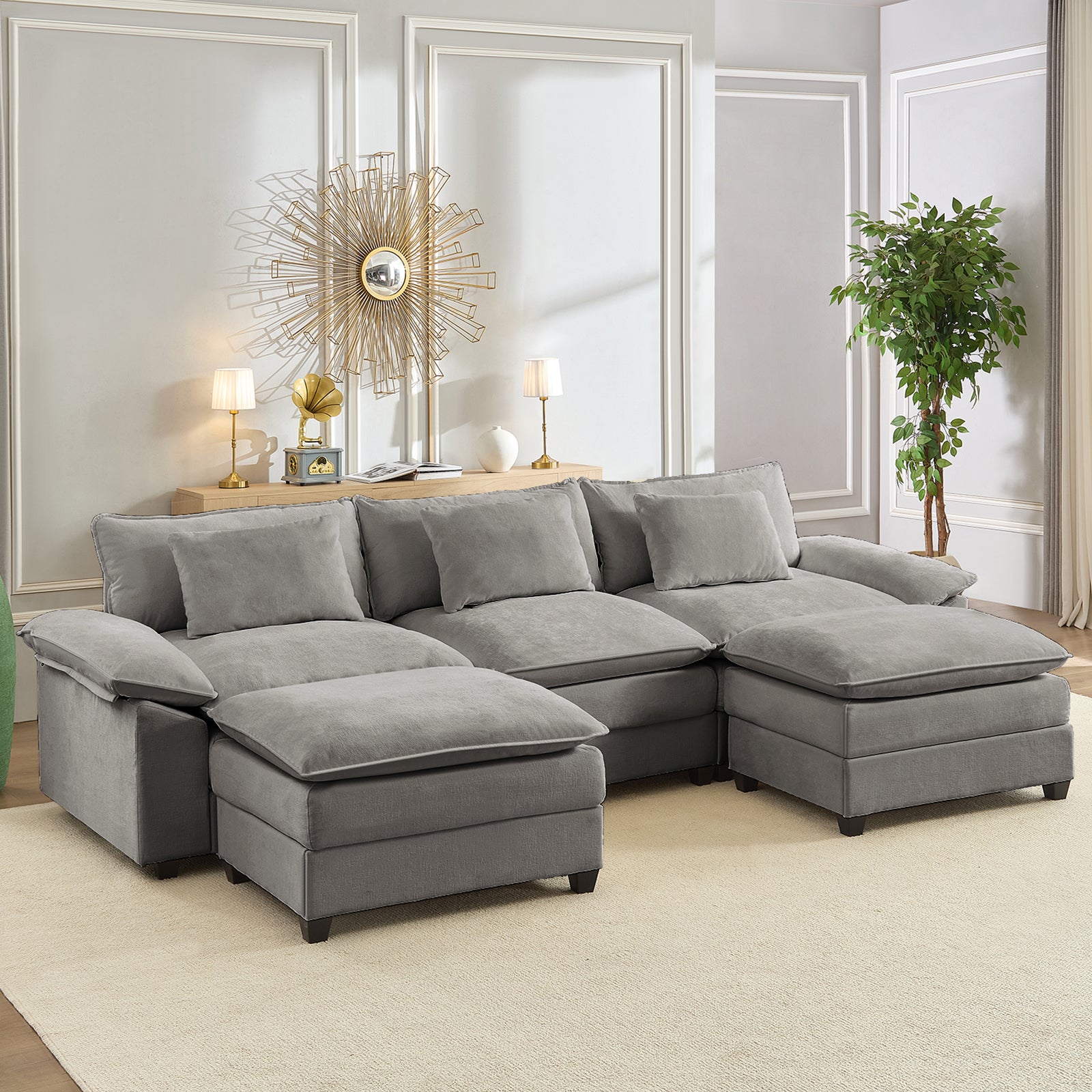 Puremind 118" Oversized Modular Sectional Sofa, Chenille U Shaped Cloud Couch, 30" Deep Seat Couch with Movable Ottomans for Living Room/Apartment