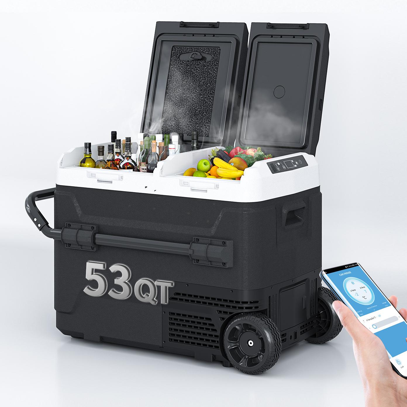 TABU 49QT(45L) Electric Cooler,12V Portable Car Refrigerator with Dual Zone,Independent Temperature Control,Black&White