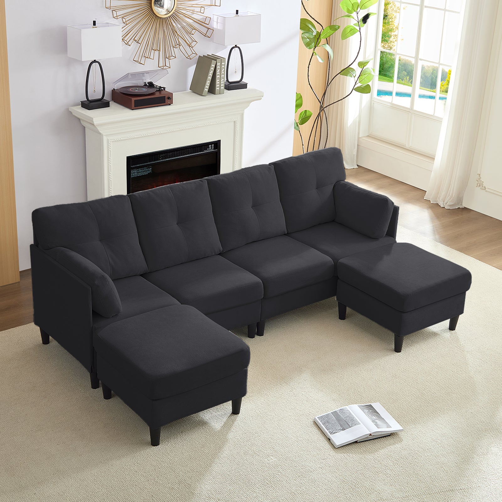 Puremind U Shaped Sofa, Upholstered Sectional Couch with Movable Ottoman, Modern 4 Seat Sofas and Couches for Living room/Apartment