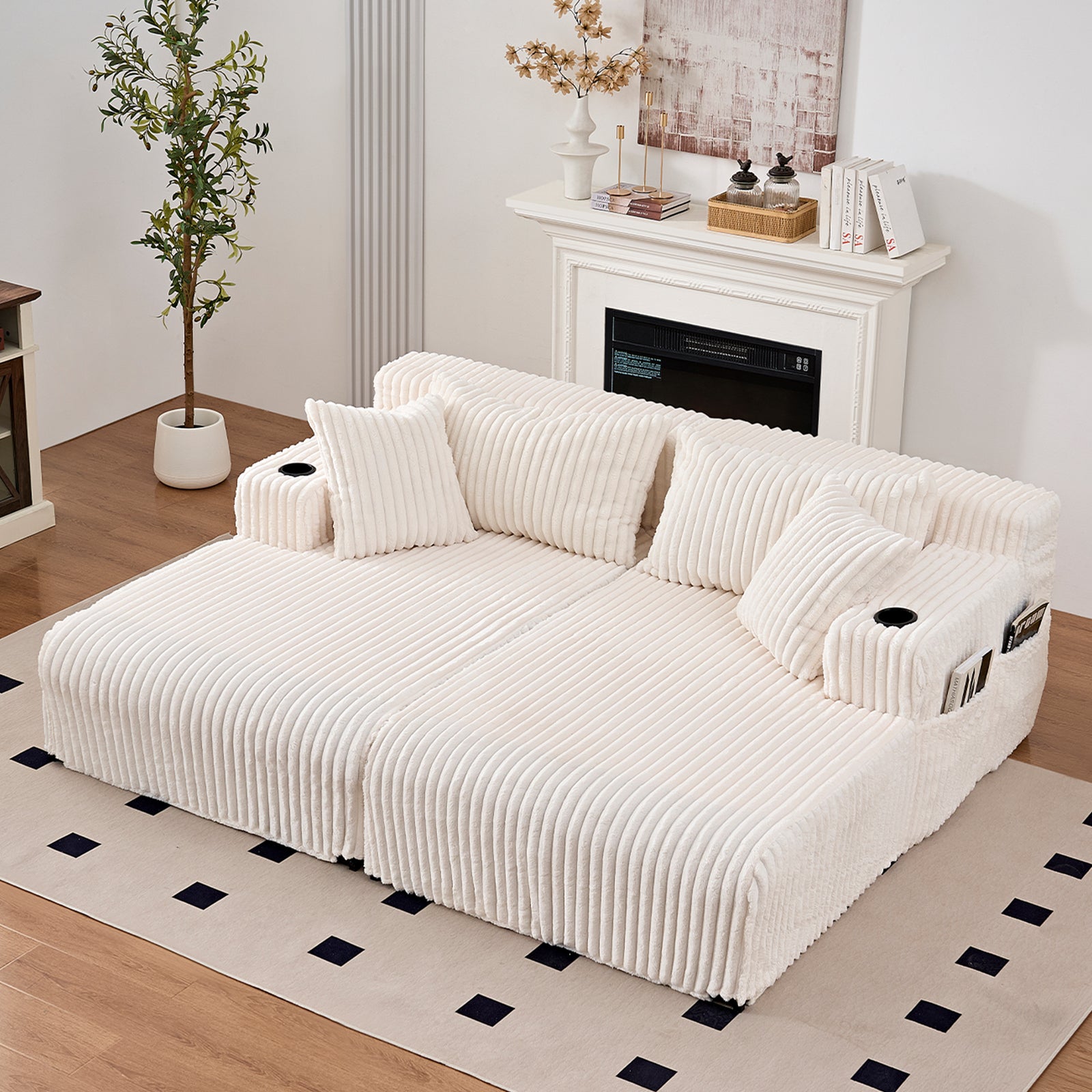 Puremind 85“W Double Chaise Lounge Chair Indoor, Oversized Sectional Corduroy Sofa Bed, Deep Seat Sleeper Loveseat, Cloud Sofa for Living Room/Apartment