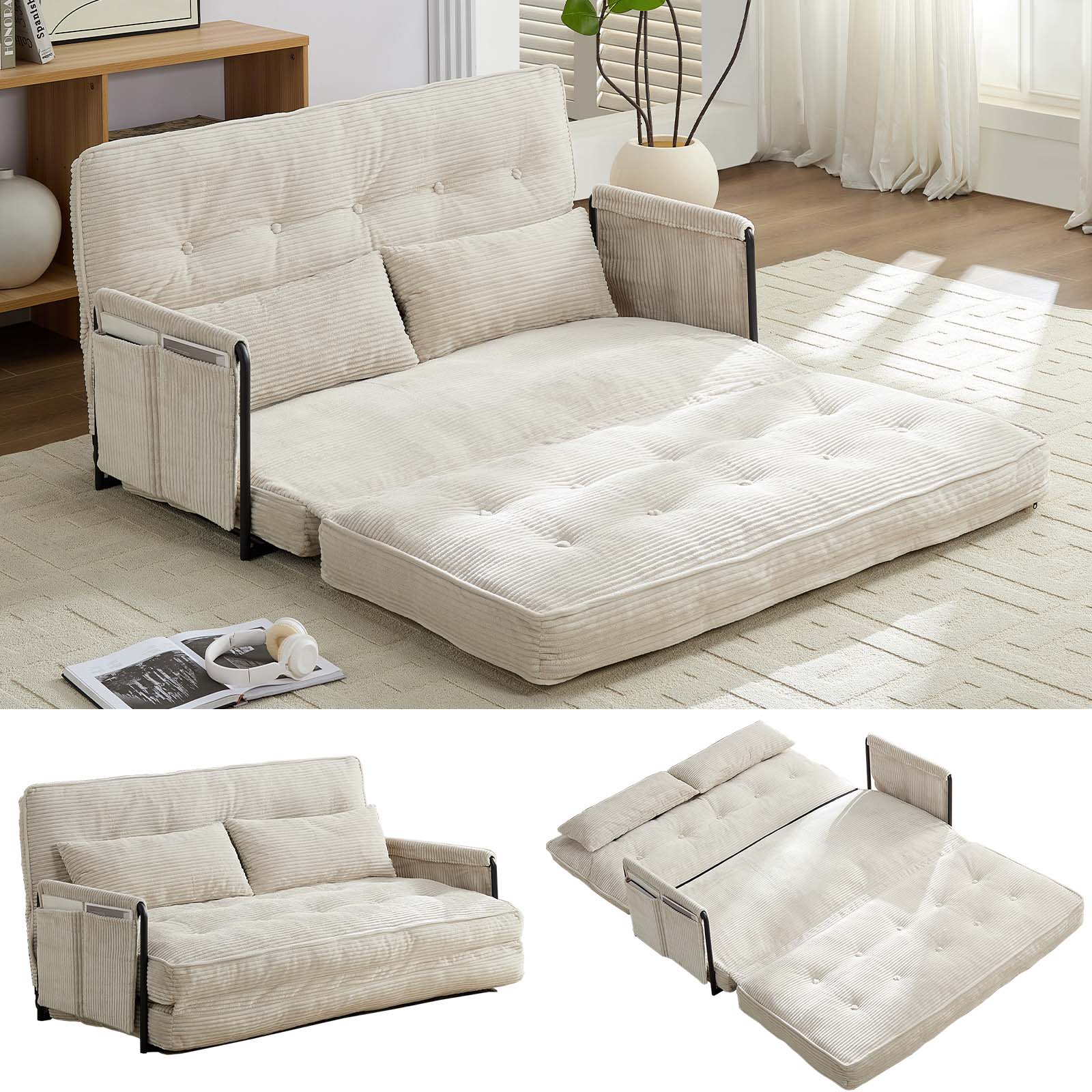 BALUS Futon Sofa Bed, 4-in-1 Corduroy Floor Couch Bed with Folding Mattress, Convertible Sleeper Sofa for Living Room,