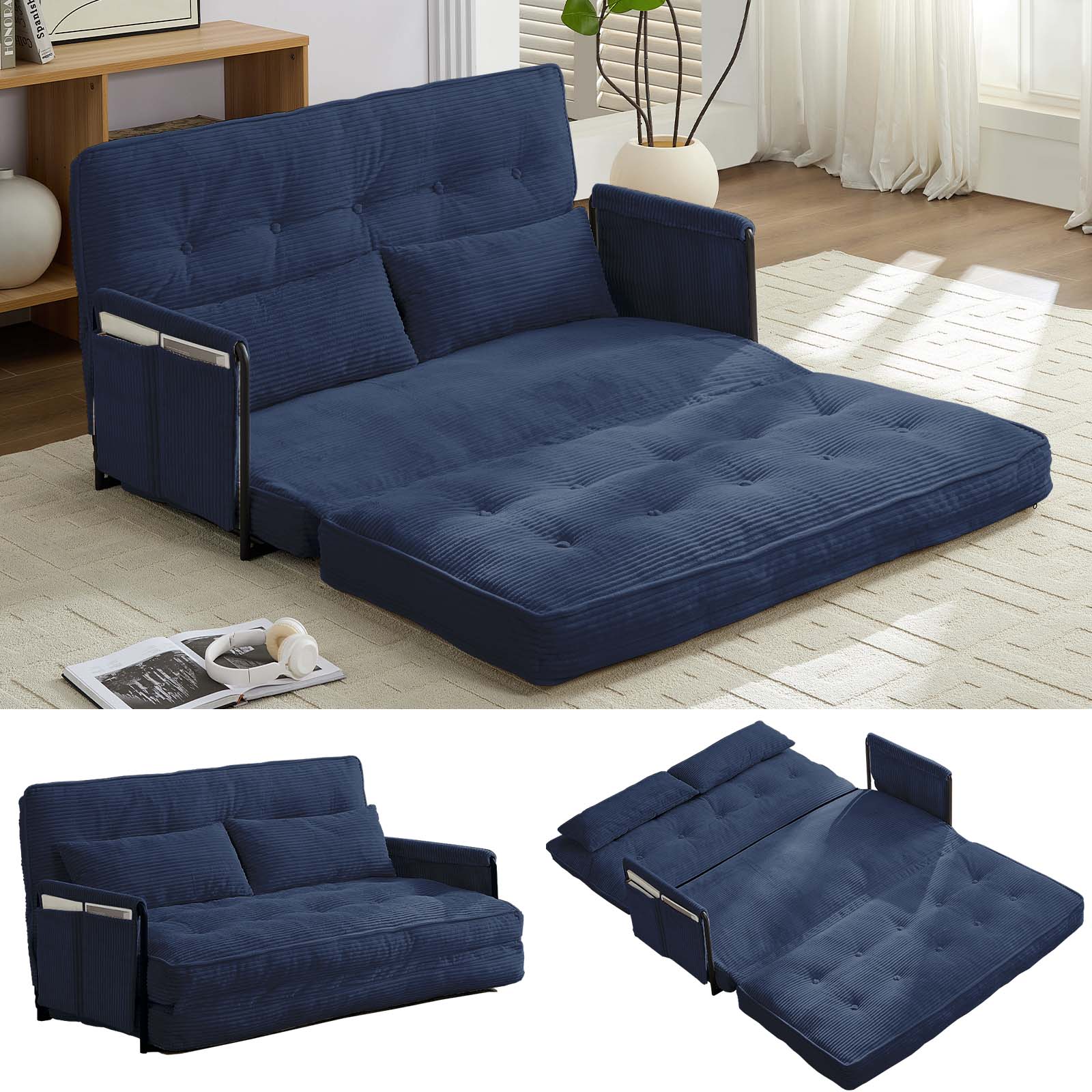 BALUS Futon Sofa Bed, 4-in-1 Corduroy Floor Couch Bed with Folding Mattress, Convertible Sleeper Sofa for Living Room,