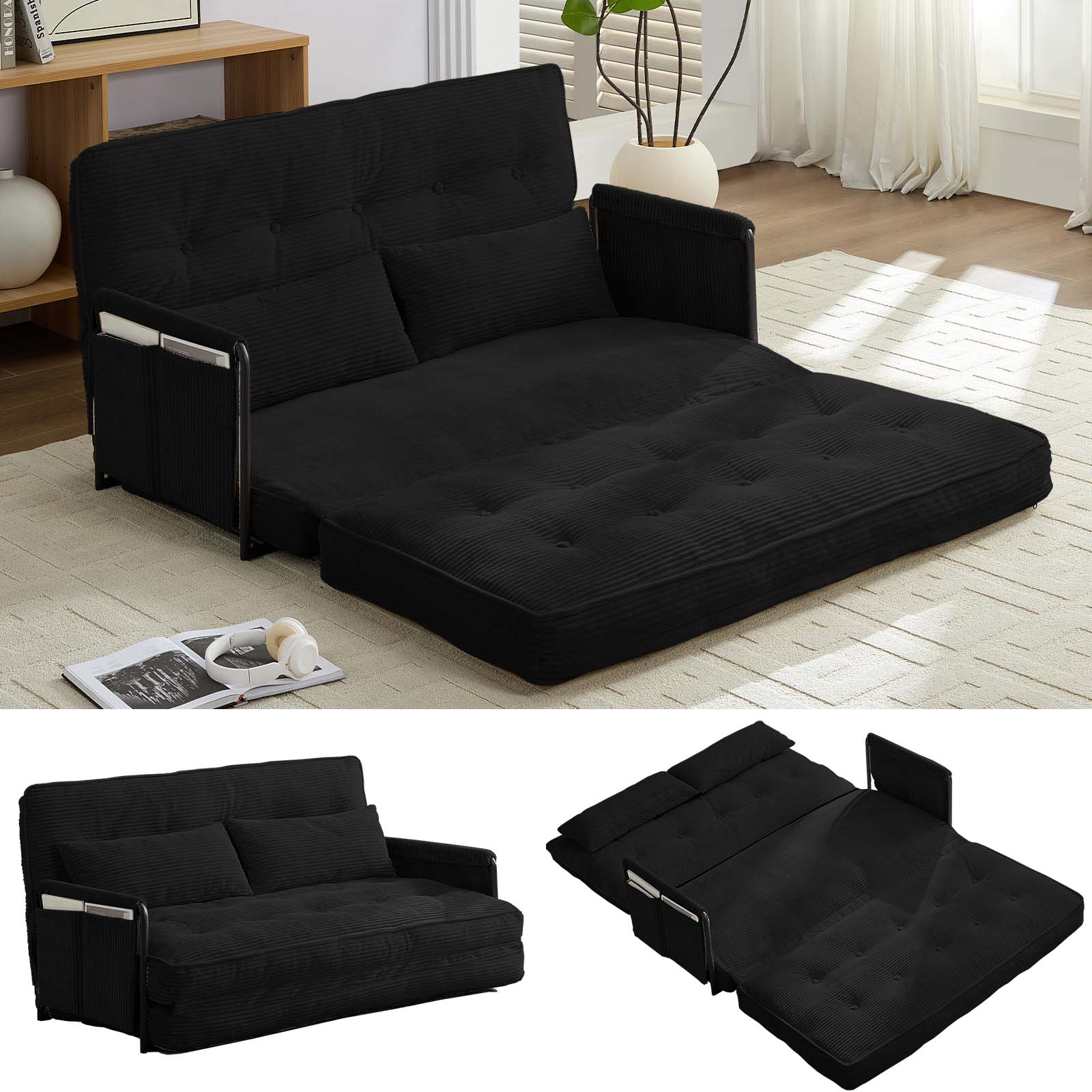 BALUS Futon Sofa Bed, 4-in-1 Corduroy Floor Couch Bed with Folding Mattress, Convertible Sleeper Sofa for Living Room,