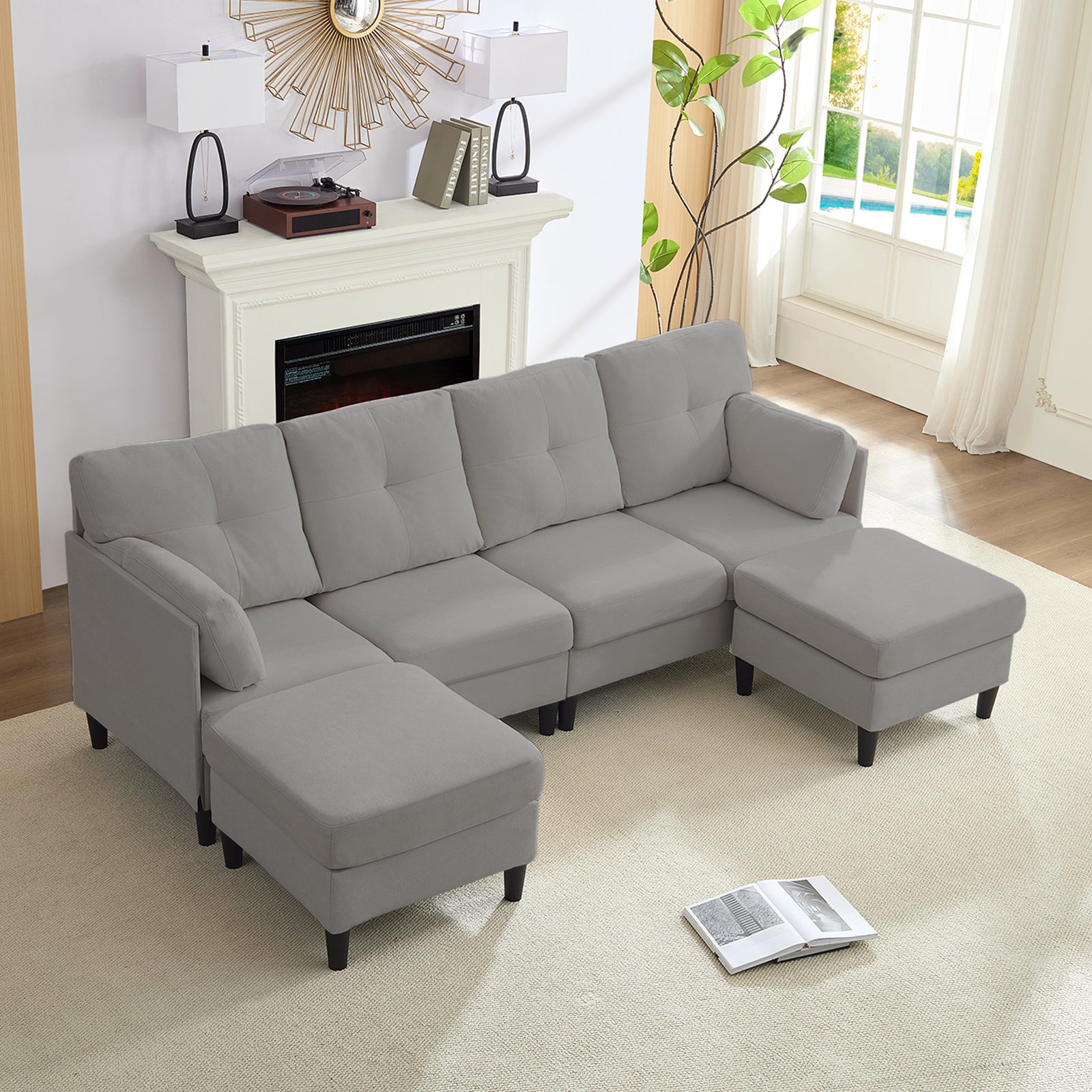Puremind U Shaped Sofa, Upholstered Sectional Couch with Movable Ottoman, Modern 4 Seat Sofas and Couches for Living room/Apartment