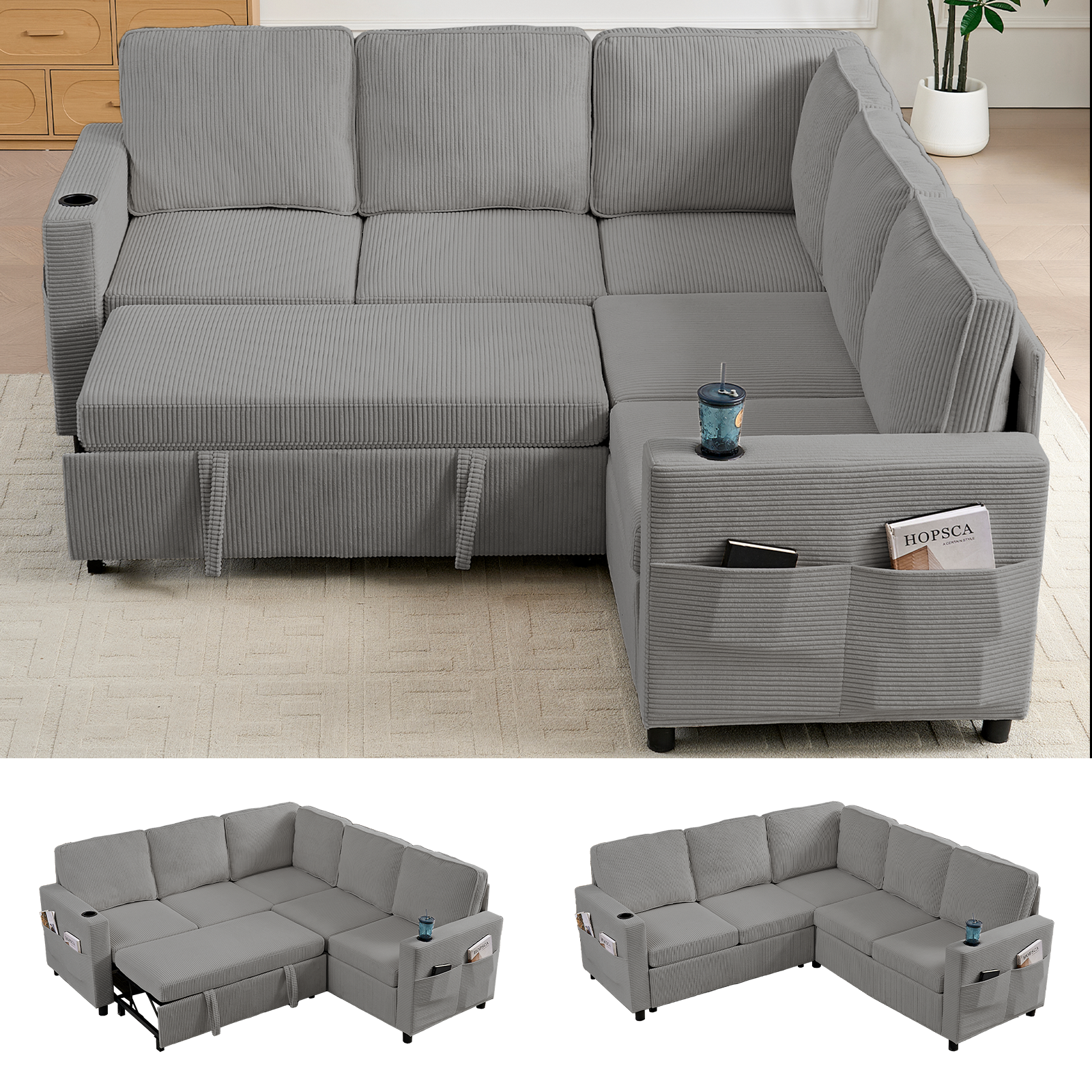 PUREMIND 82.3" Sectional Sleeper Sofa with Pull Out Bed, L Shaped Sofa with Storage Space, Cup Holders and Side Pockets, Sectional Couches for Living Room