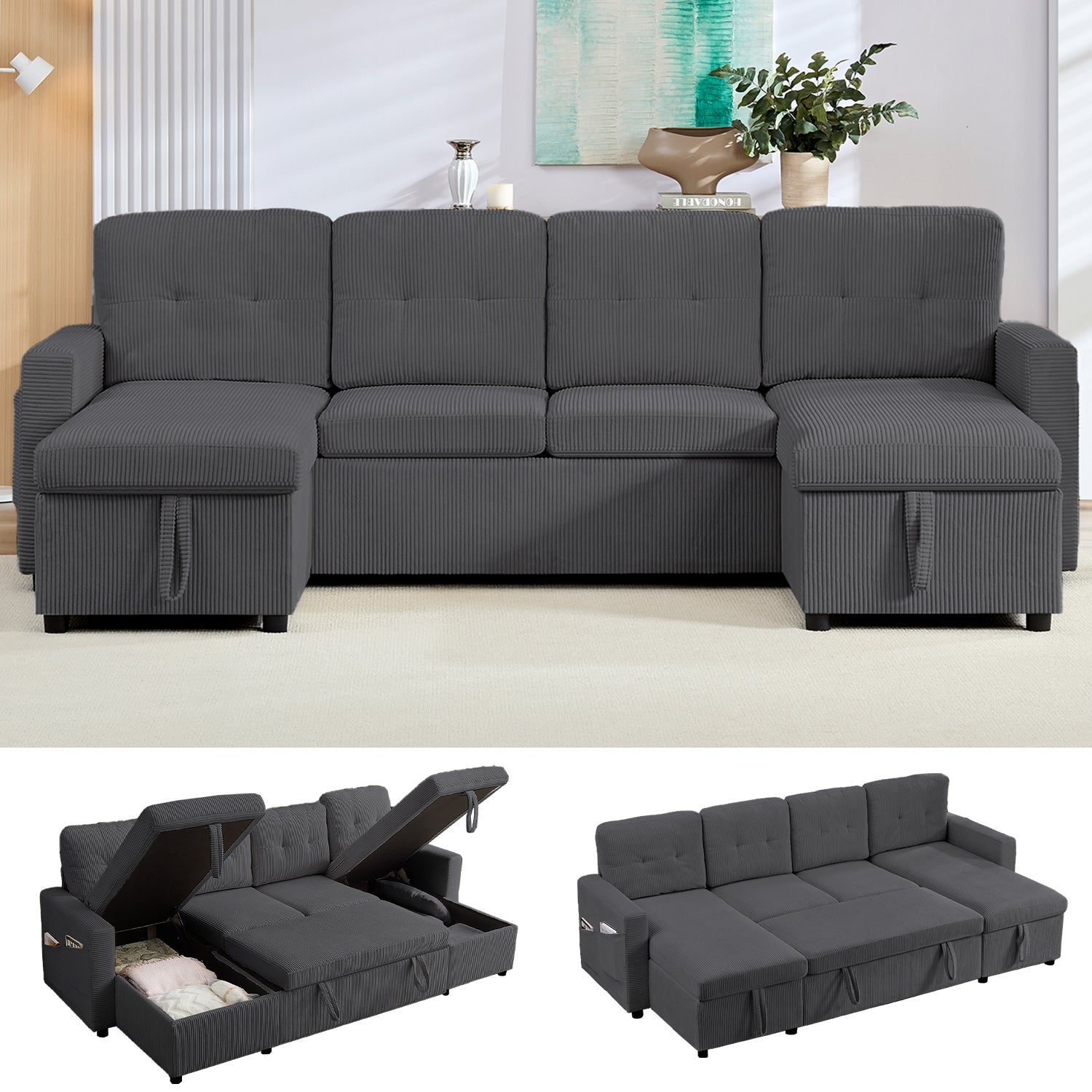 Puremind 103" Pull Out Sofa Bed with Double Storage Chaise, Corduroy U Shaped Convertible Sectional Sleeper Sofa for Living Room