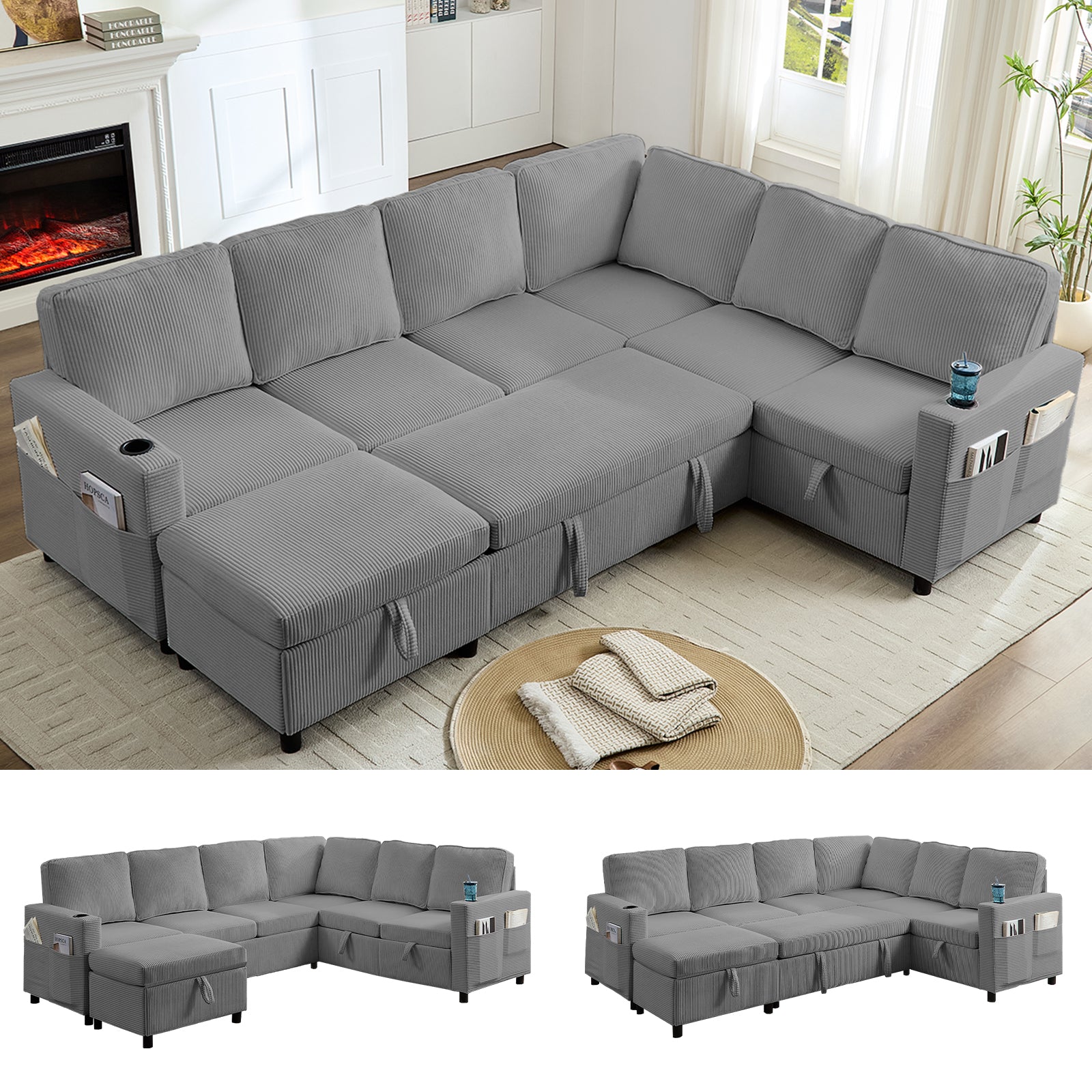 PUREMIND 82.3" Sectional Sleeper Sofa with Pull Out Bed, L Shaped Sofa with Storage Space, Cup Holders and Side Pockets, Sectional Couches for Living Room