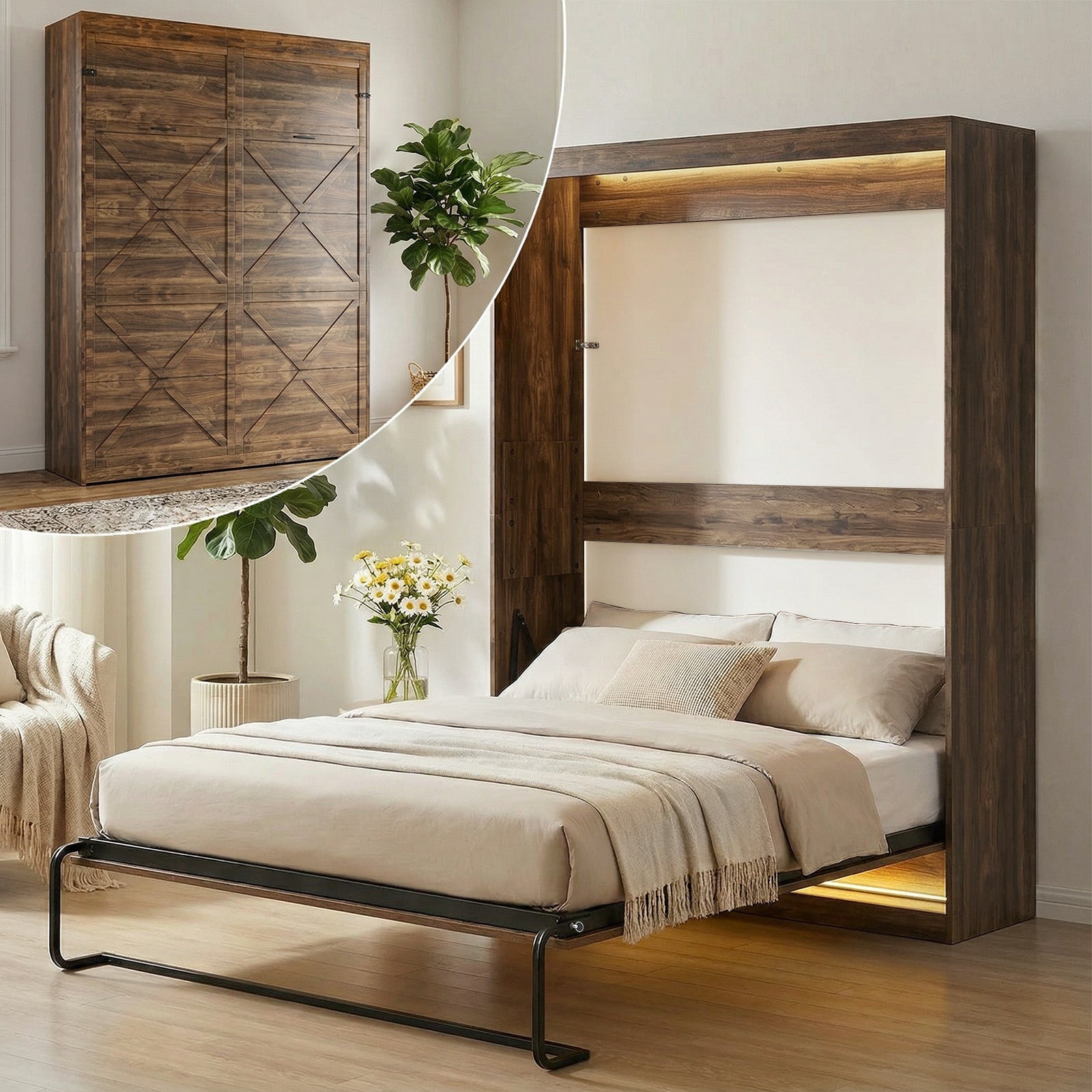 Puremind Murphy Bed with LED Lights, Hidden Murphy Wall Bed with Gas-Lift, Cabinet Bed for Bedroom/Guest Room, Without Mattress