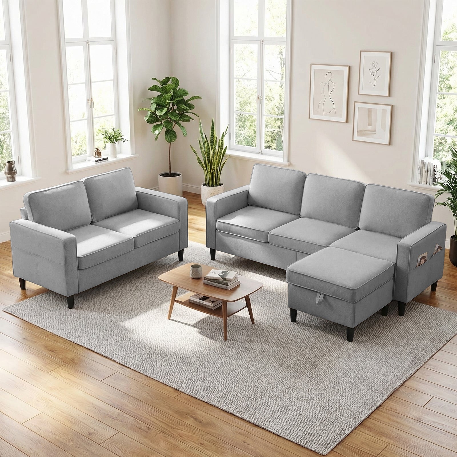 Puremind Sofa Set with Storage Ottoman, Living Room Furniture Sets, Linen Sectional Couch Sets for Living Room/Apartment