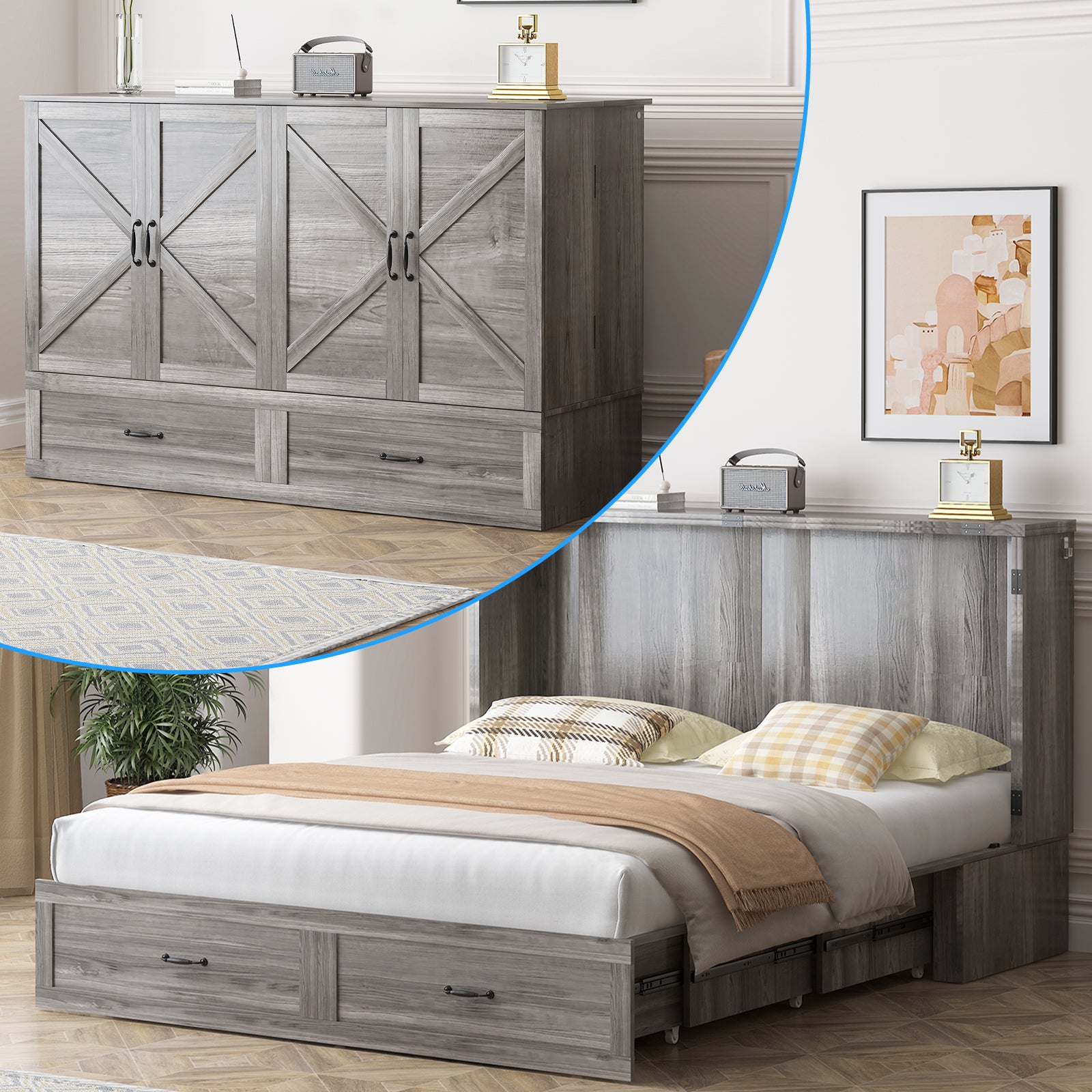 Puremind Queen Size Murphy Bed with Foldable Mattress, Cabinet Bed with Storage Drawer and Charging Ports, Murphy Bed Furniture for Bedroom/Office,