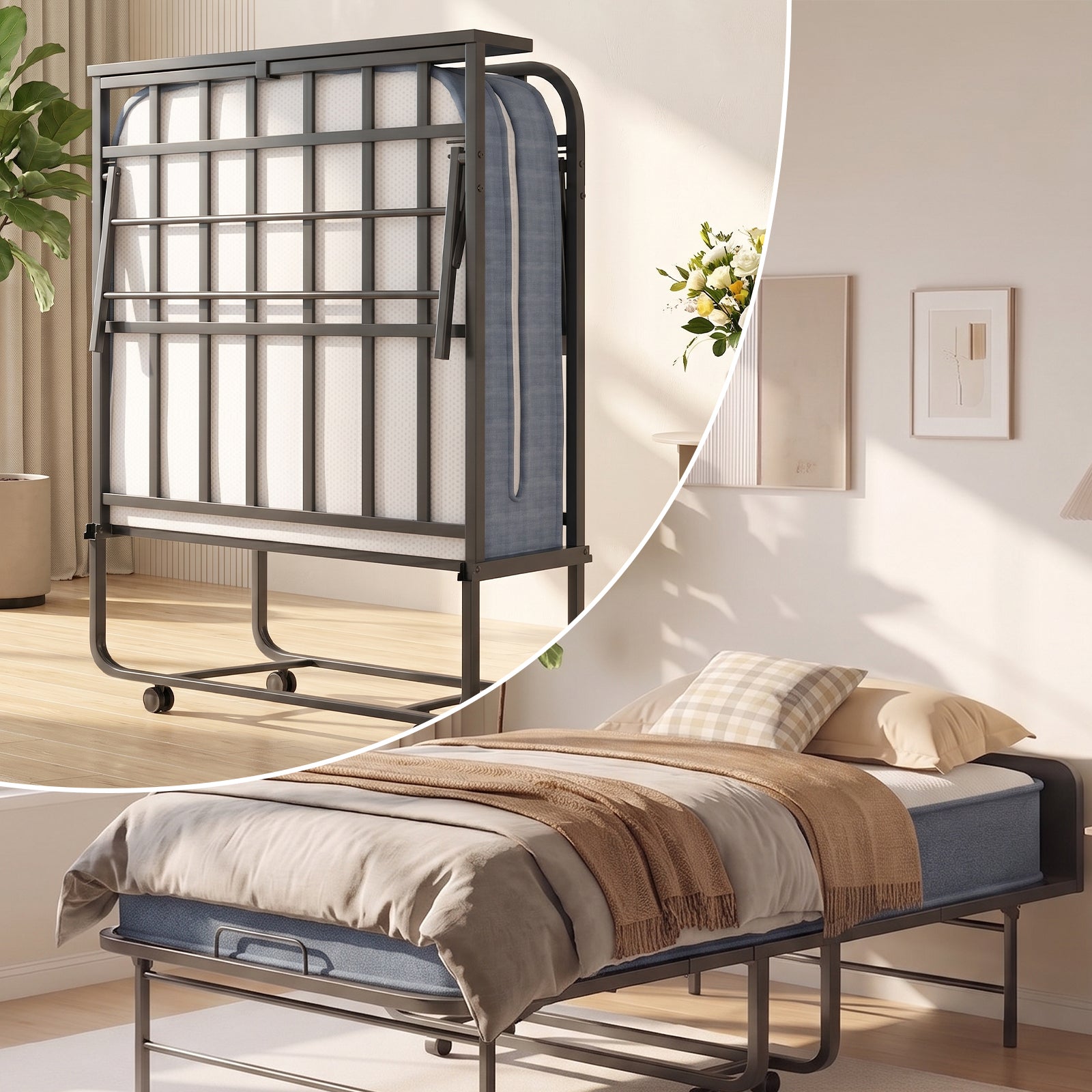 Puremind Folding Bed with 5 Inch Mattress Included, 75" x 31" Rollaway Bed for Adults, Space-Saving Portable Foldable Bed with Headboard (Upgraded)