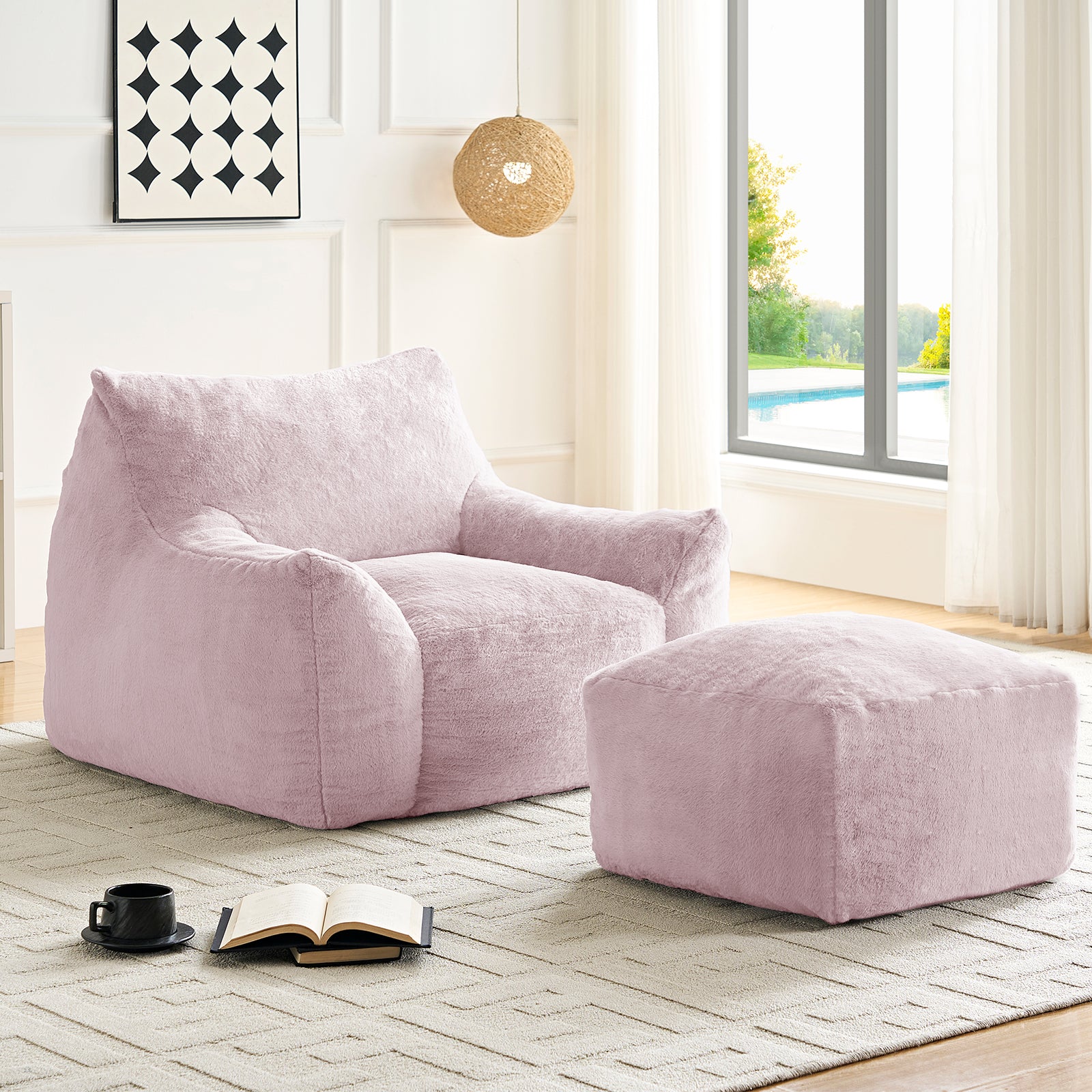 BALUS 42" Faux Fur Bean Bag Chair with 23" Ottoman and Armrests, Bean Bag Chair for Adults, Comfy Chair with Armrests for Bedroom