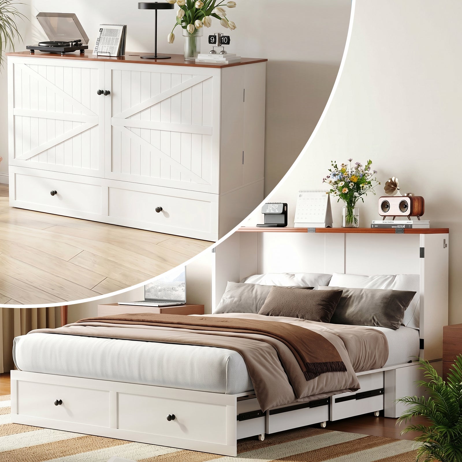Puremind Queen Size Murphy Bed with Mattress, Murphy Cube Cabinet Bed with USB Charging Station and Large Storage Drawer, Murphy Chest Bed for Guest Room/Home/Office