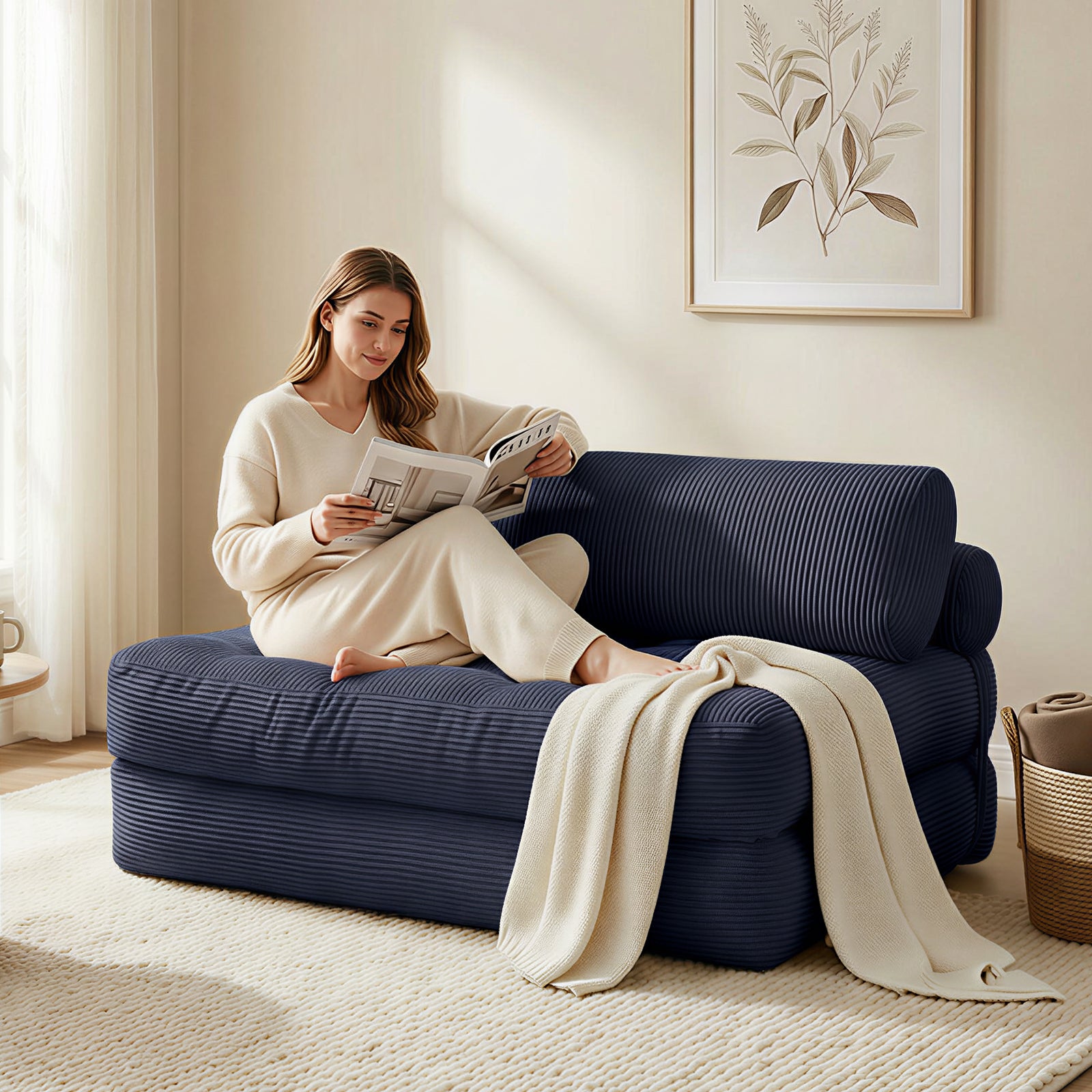 Puremind Folding Sofa Bed, Convertible Floor Couch for Adults and Kids, Corduroy Fold Out Chair Bed with Pillow, Comfy Floor Sofa for Living Room/Bedroom