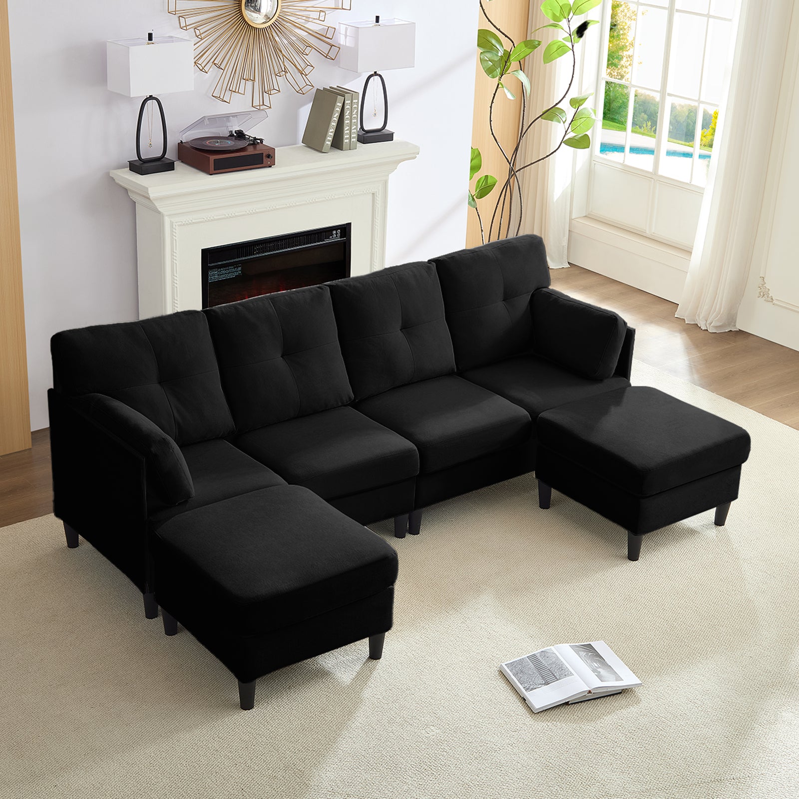Puremind U Shaped Sofa, Upholstered Sectional Couch with Movable Ottoman, Modern 4 Seat Sofas and Couches for Living room/Apartment