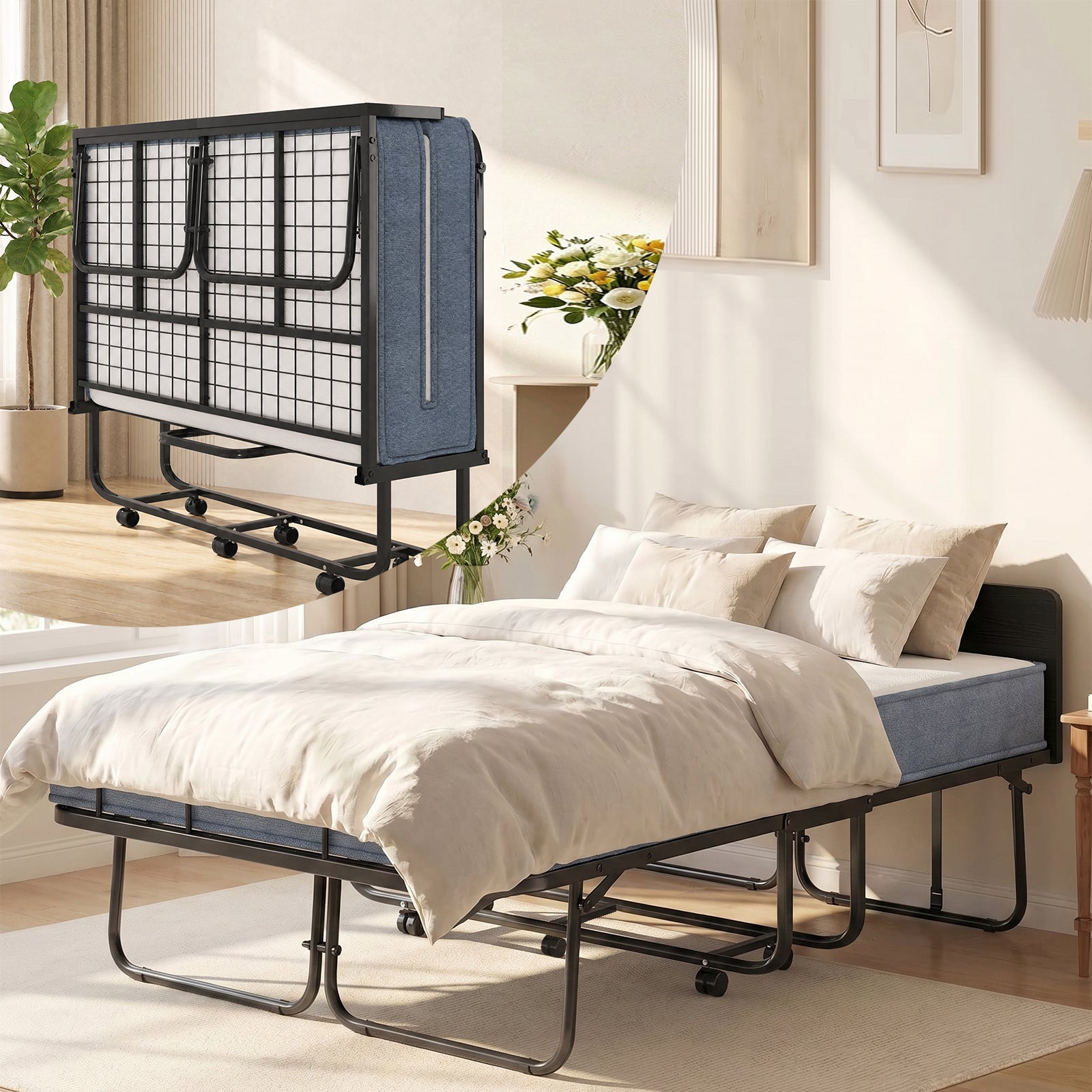 PUREMIND Full Size Folding Bed, 75"X 54" Rollaway Bed with 5 Inch Mattress for Adults, Extra Large Portable Foldable Bed with Headboard