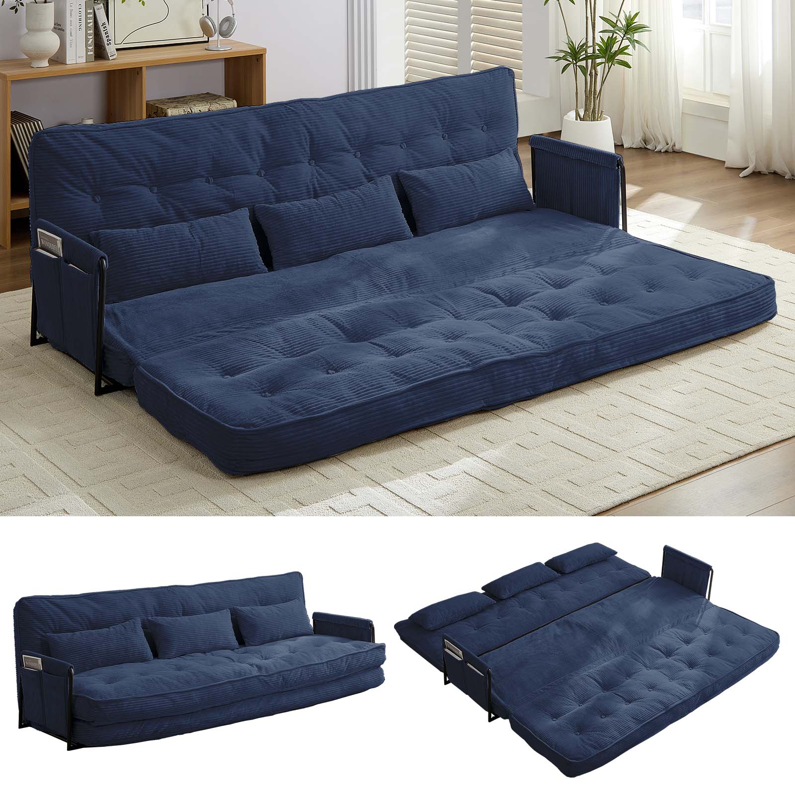 BALUS Futon Sofa Bed, 4-in-1 Corduroy Floor Couch Bed with Folding Mattress, Convertible Sleeper Sofa for Living Room,