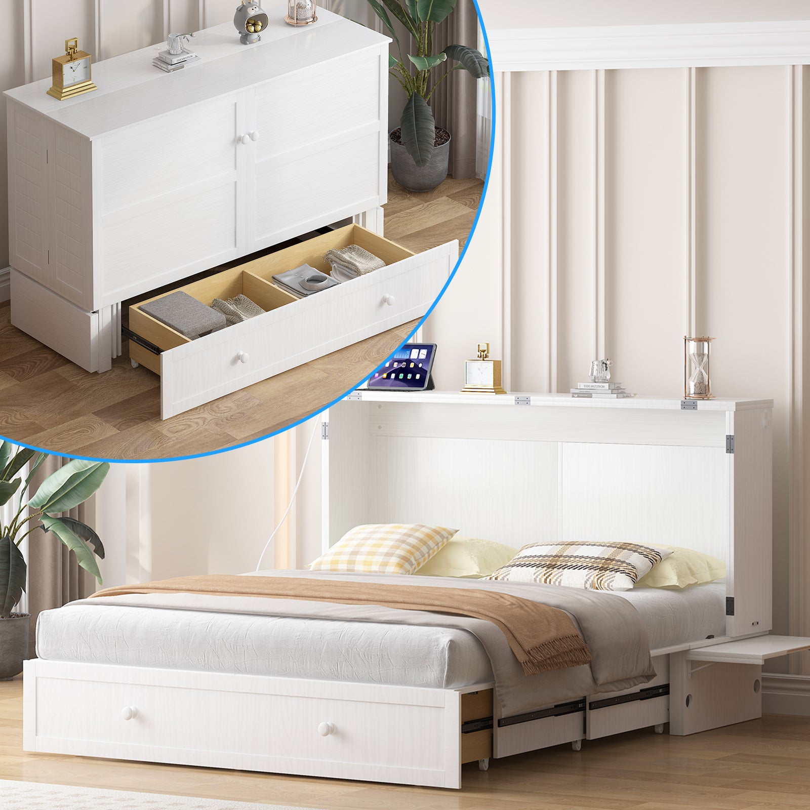 Puremind Queen Size Murphy Bed with Mattress Included, Cabinet Bed with USB Charging Ports and Drawer for Guest Room/Home/Office