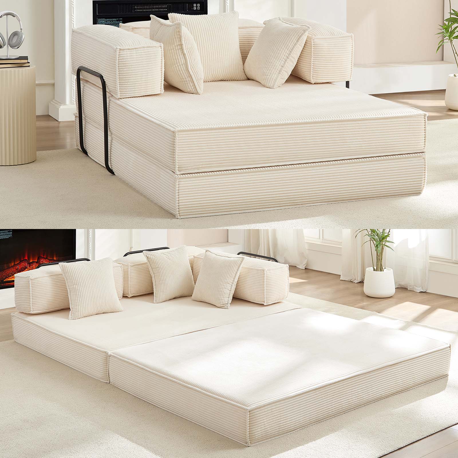 BALUS No Assembly Queen Size Convertible Couch Bed, 4 in 1 Apartment Lounge Bed, Fold Out Floor Sleeper for Bedroom/Living Room, Corduroy