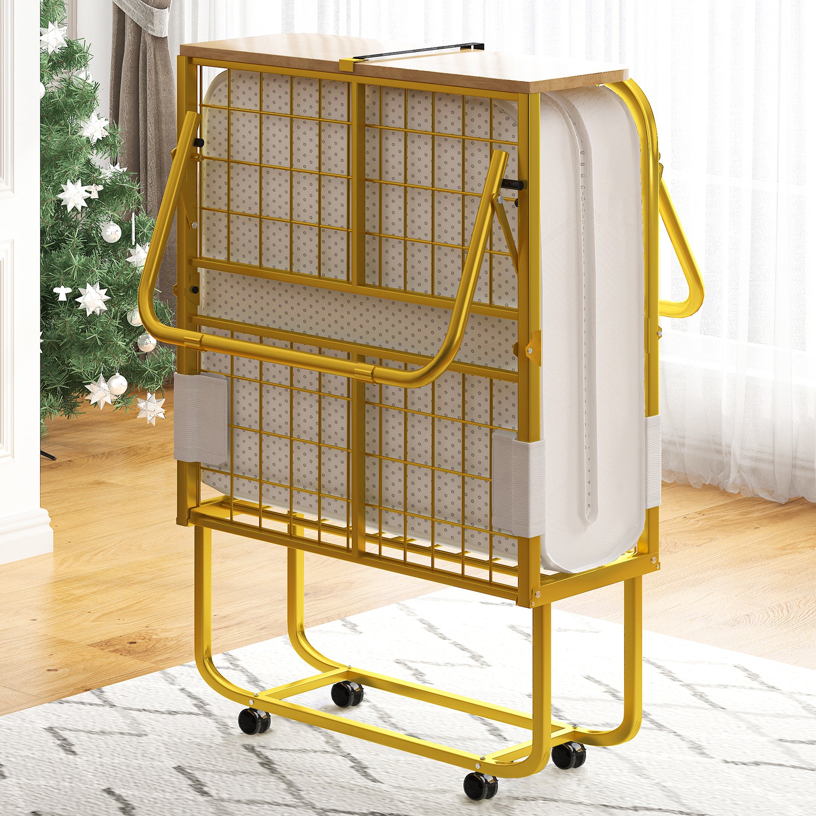 Puremind Folding Bed with 5” Mattress Included, Temporary Bed for Guests and Families, Space-Saving Rollaway Bed with Lockable Rollers, Upgraded (A+), Gold