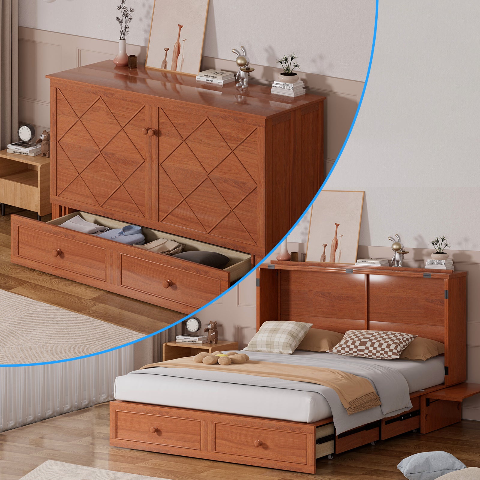 Puremind Queen Size Murphy Bed with Mattress, Murphy Cube Cabinet Bed with USB Charging Station and Large Storage Drawer, Murphy Chest Bed for Small Guest Room/Home/Office