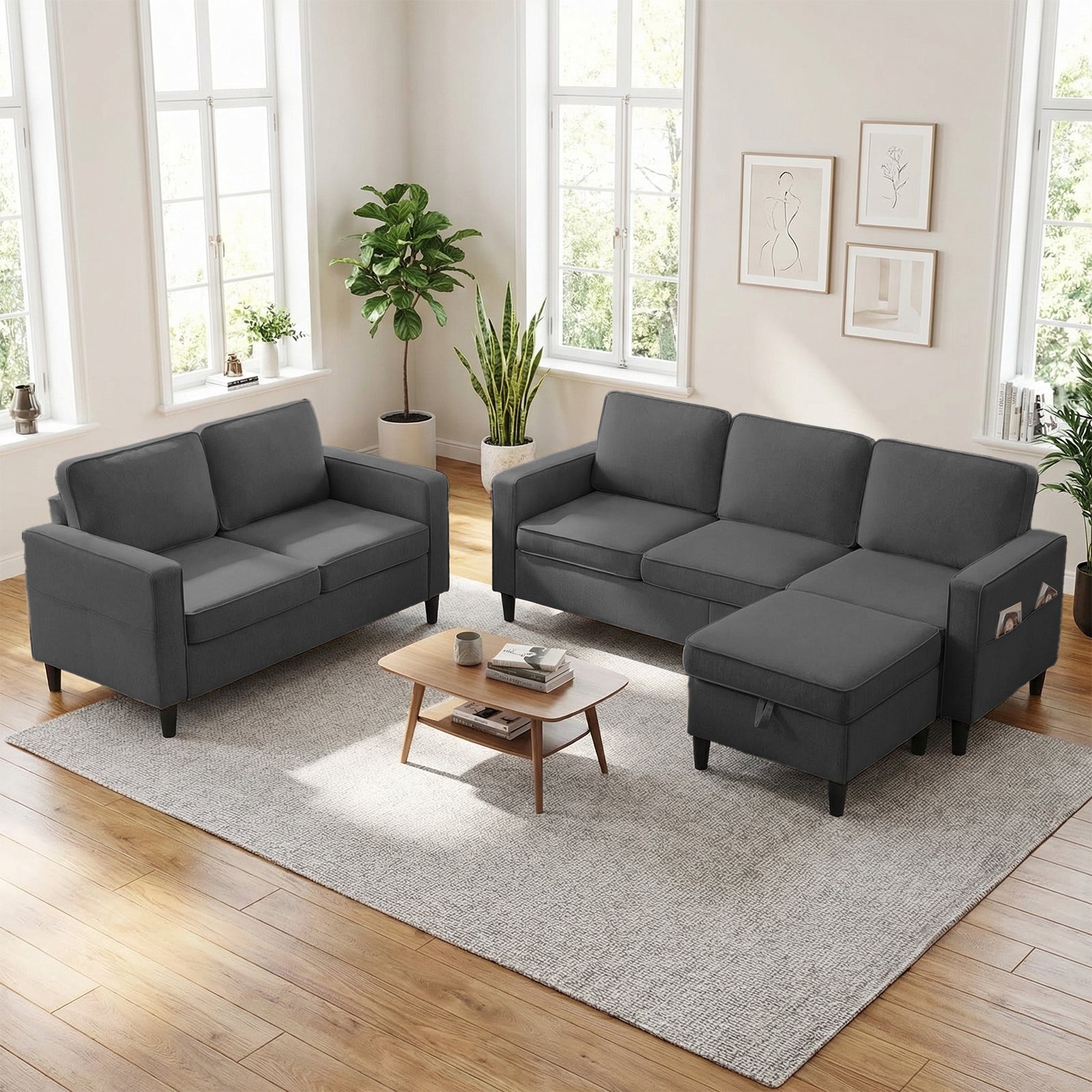 Puremind Sofa Set with Storage Ottoman, Living Room Furniture Sets, Linen Sectional Couch Sets for Living Room/Apartment