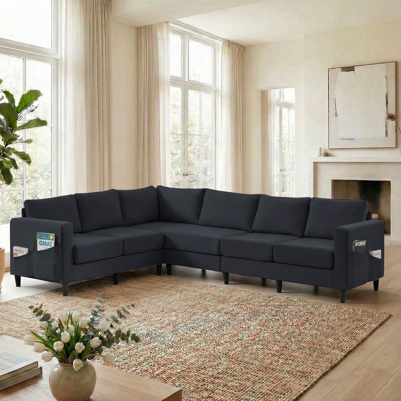 Puremind L Shaped Sofa, Oversized 5 Seat Corner Sofa with Side Pockets, Sectional Couches for Living Room/Apartment