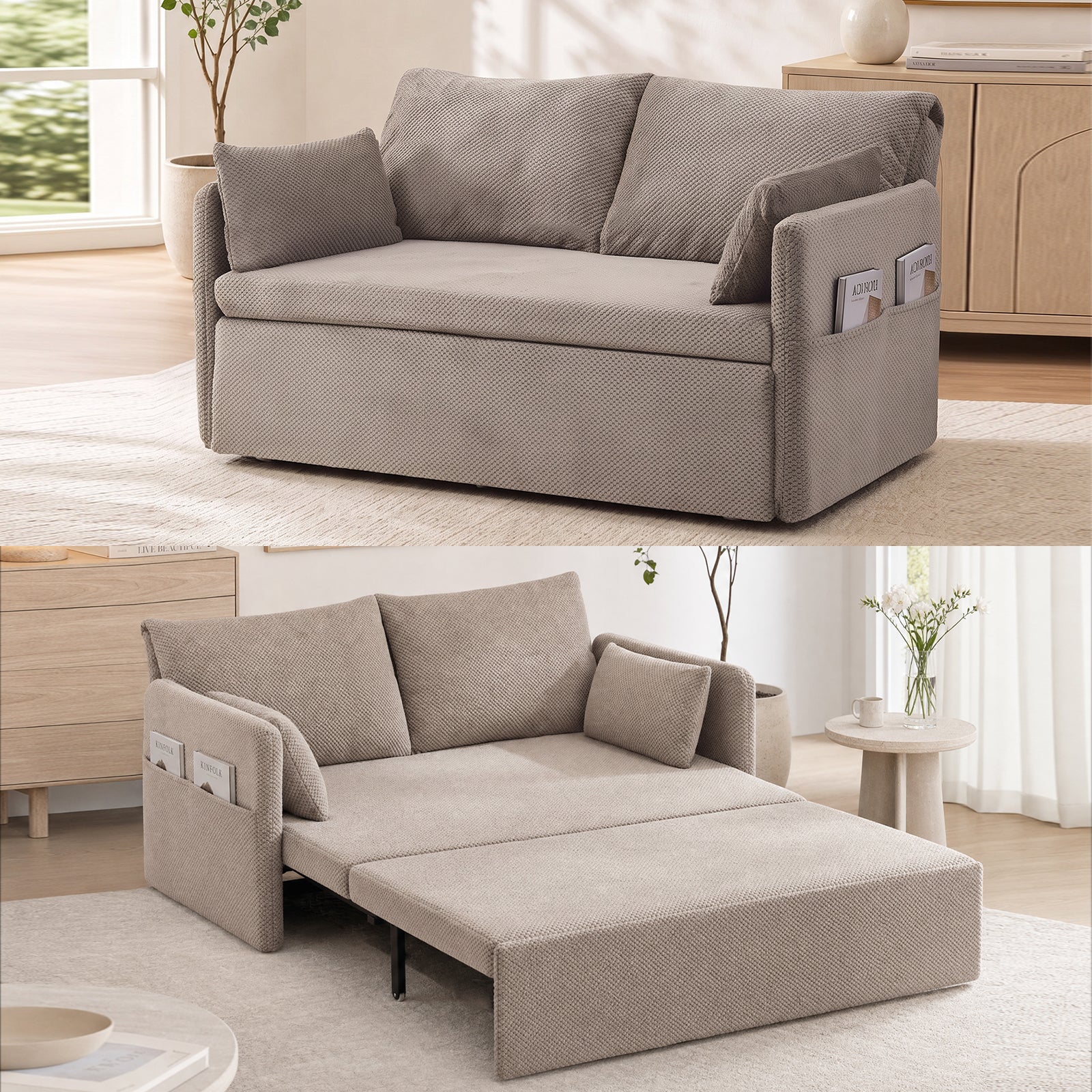 Puremind 66.5" Queen Pull Out Couch Bed with Adjustable Backrest, Bubble Fleece Convertible Sofa Bed with Side Pockets for Living Room/Apartment