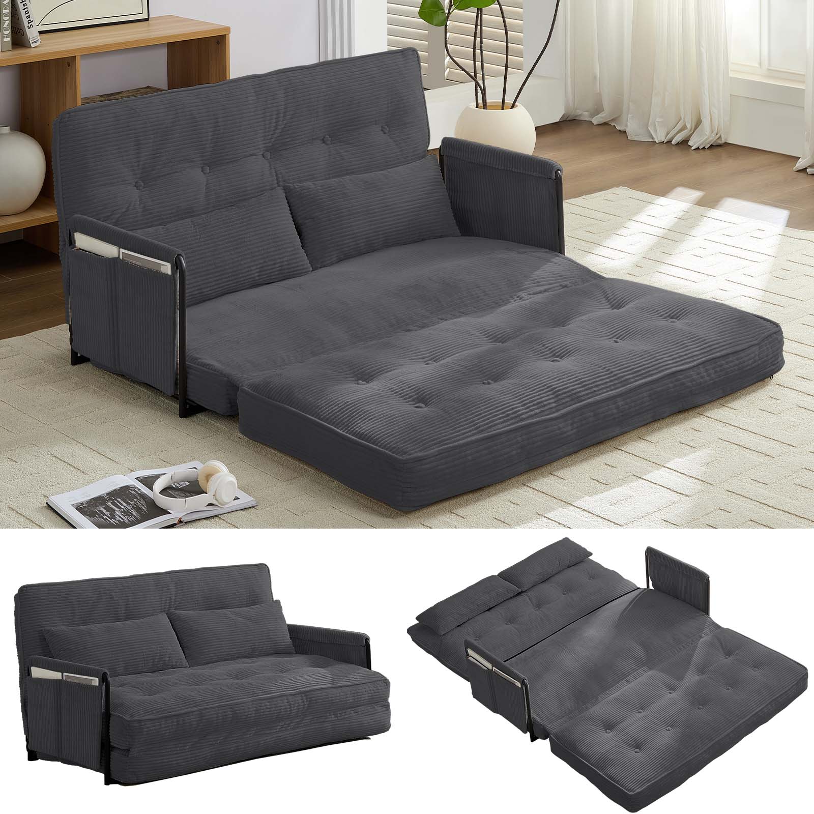 BALUS Futon Sofa Bed, 4-in-1 Corduroy Floor Couch Bed with Folding Mattress, Convertible Sleeper Sofa for Living Room,