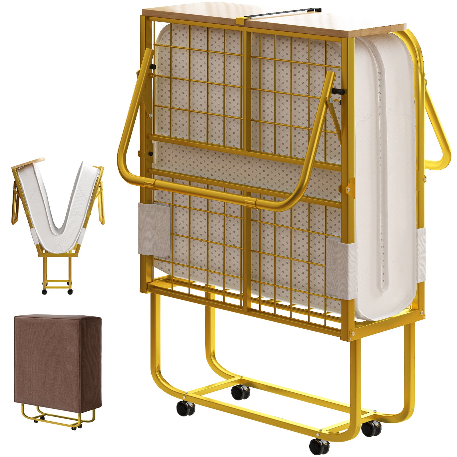 Puremind Folding Bed with 5” Mattress Included, Temporary Bed for Guests and Families, Space-Saving Rollaway Bed with Lockable Rollers, Upgraded (A+), Gold