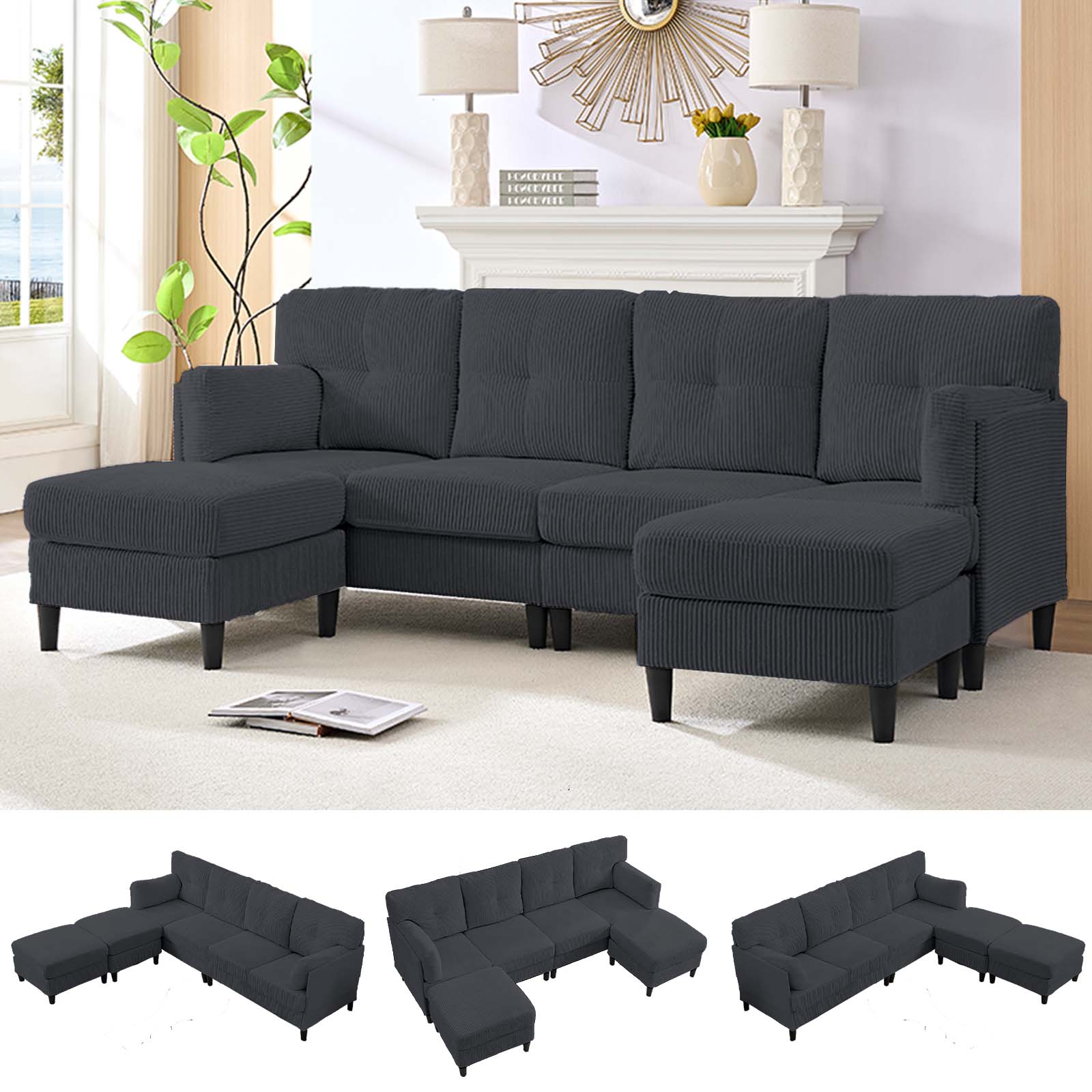 BALUS Convertible U/L Shape Sectional Sofa , Oversized 4 Seat Modular Couch for Living Room/ Apartment