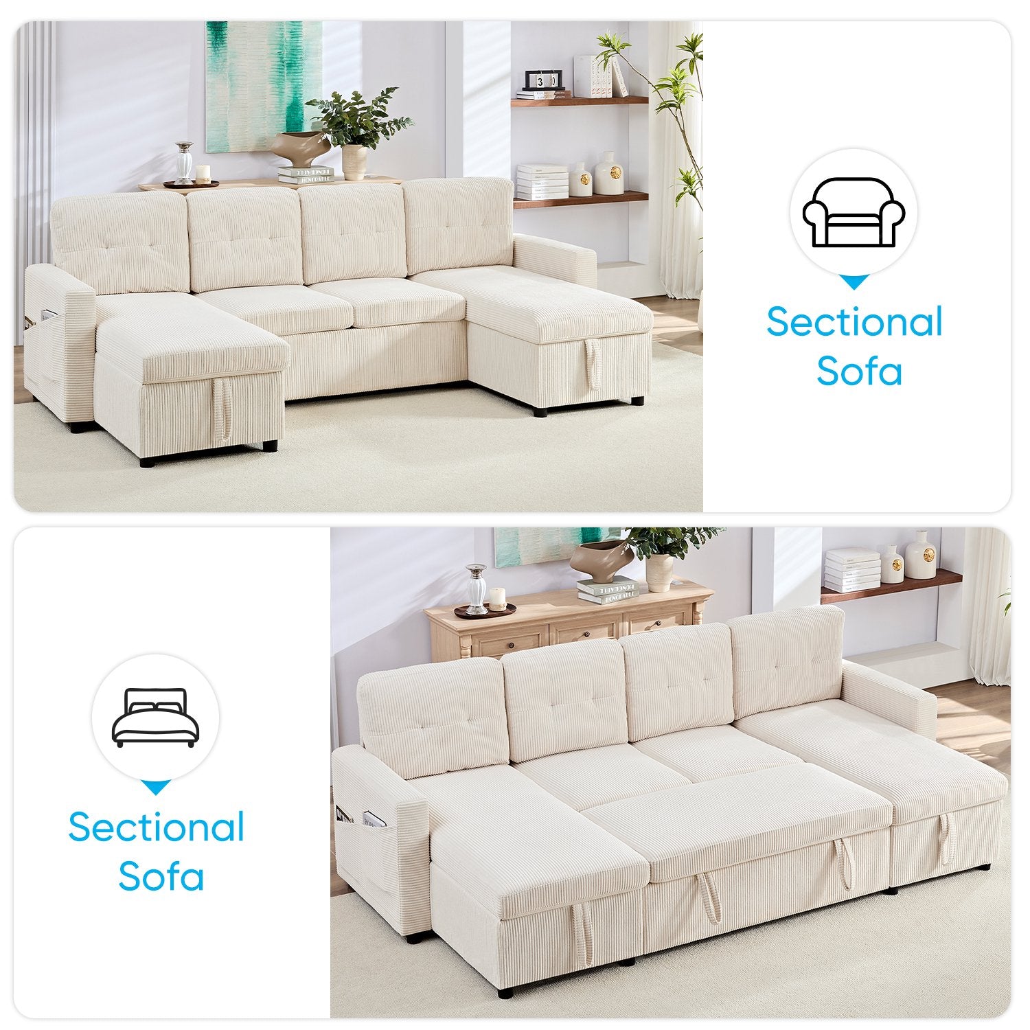 ZAFLY Sectional Sleeper Sofa Bed, 4 Seat Pull Out Couch with Storage, Modern Convertible U Shaped Sofas for Living Room