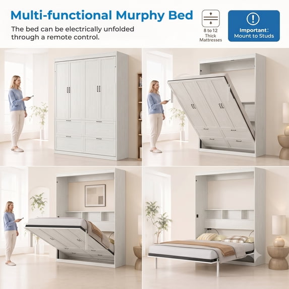 Mjkone Electric Full Size Murphy Wall Bed,Multifunctional Automatic Wall Bed with Shelves,Space-Saving Foldable Cabinet Bed for Bedroom