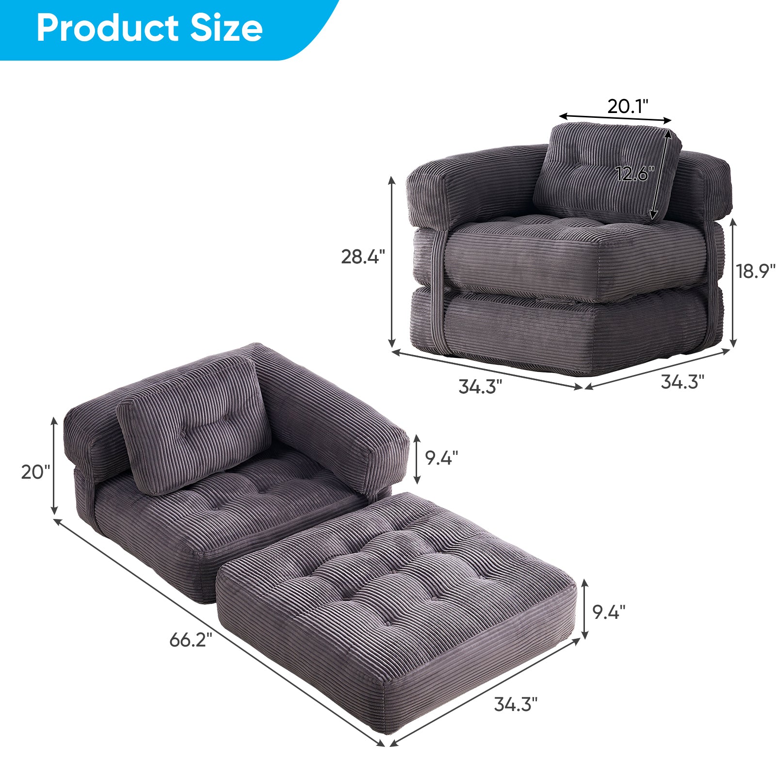 BALUS Convertible Futon Lazy Sofa, Single Floor Sleep Couch For Apartment/ Bedroom, Fold Out Sofa Bed, Corduroy