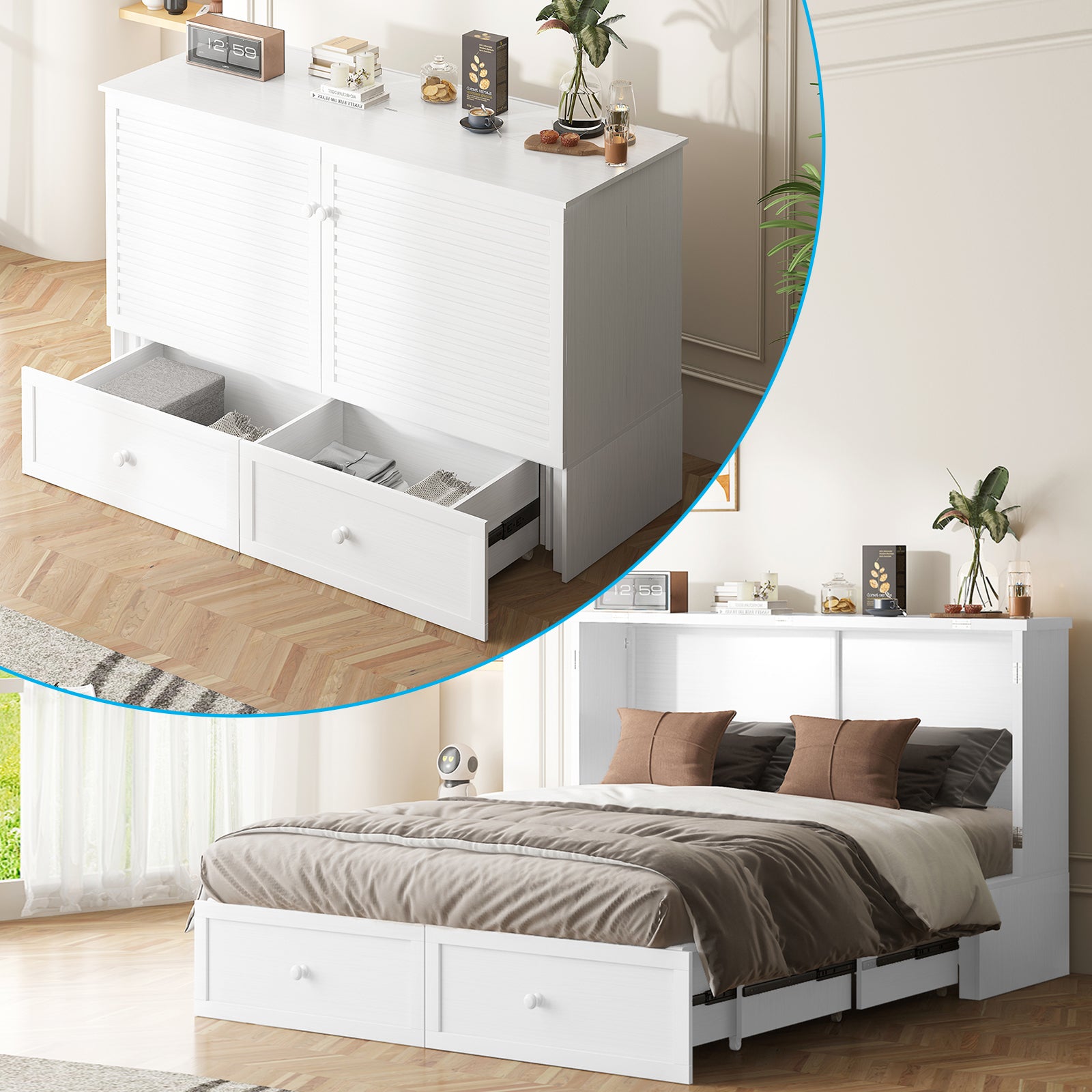 Puremind Queen Size Murphy Bed with Mattress, Murphy Cube Cabinet Bed with USB Charging Station and Large Storage Drawer, Murphy Chest Bed for Small Guest Room/Home/Office