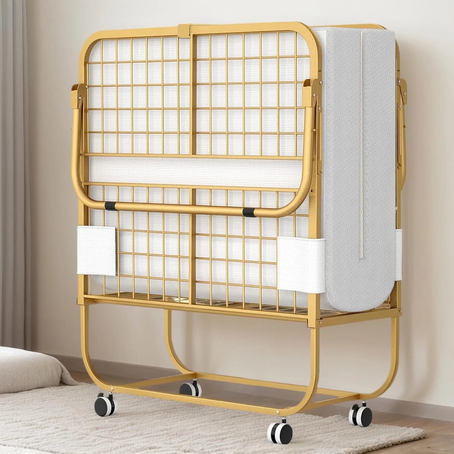 Puremind Folding Bed with Foam Mattress, Metal Bed Frame, Single Rollaway Bed, Easy Assembly & Moving, Gold