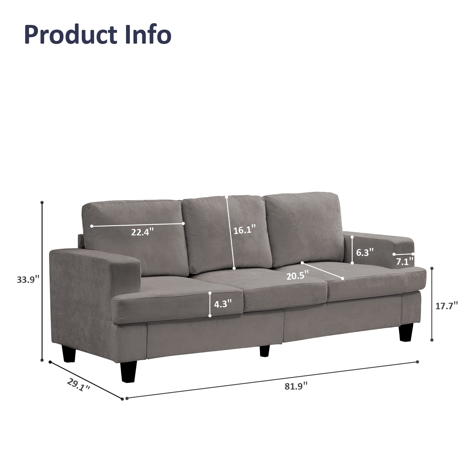 ZAFLY 82” Deep Seat Couch with Wide Armrest, Oversized Sofas and Couches for Small Space/Living Room