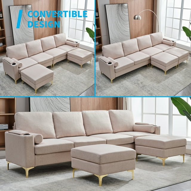 Cecer Convertible Sectional Sofa with Storage Ottomans, U-Shaped Modular Sofa with Extra Pillows, Storage Armrests and Cup Holders for Living Room