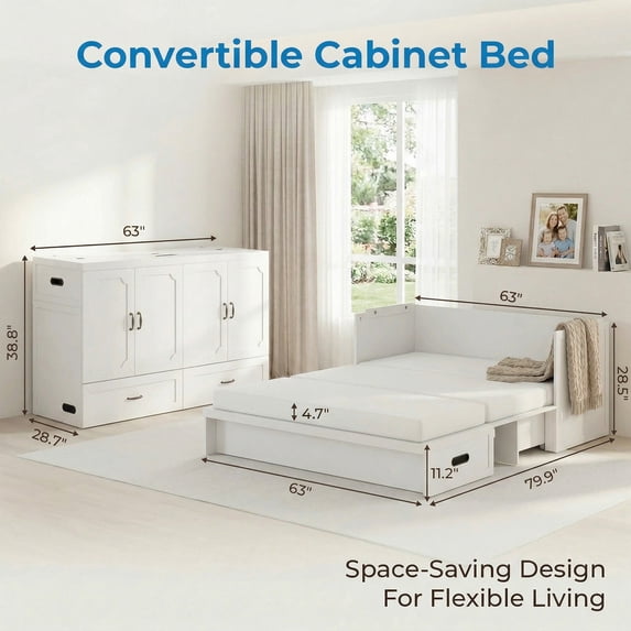 Mjkone Murphy Bed Queen with Mattress, Cabinet Bed with Storage Drawers and USB Charging Station,Murphy Chest Bed for Small Space,