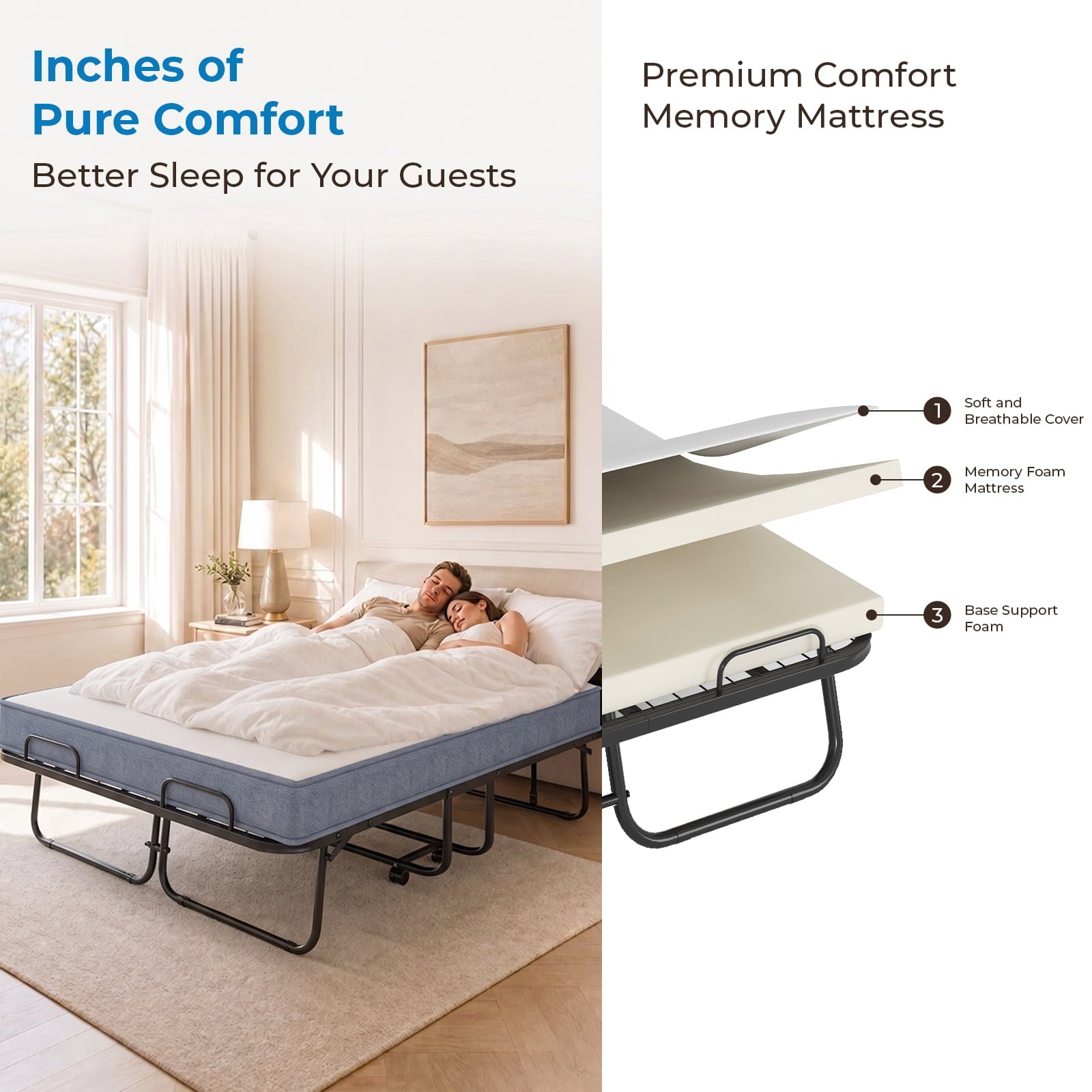 Mjkone Full Size Folding Bed with Mattress,Rollaway Bed for Adults,Foldable Rollaway Bed with Wheels for Bedroom/Guest Room