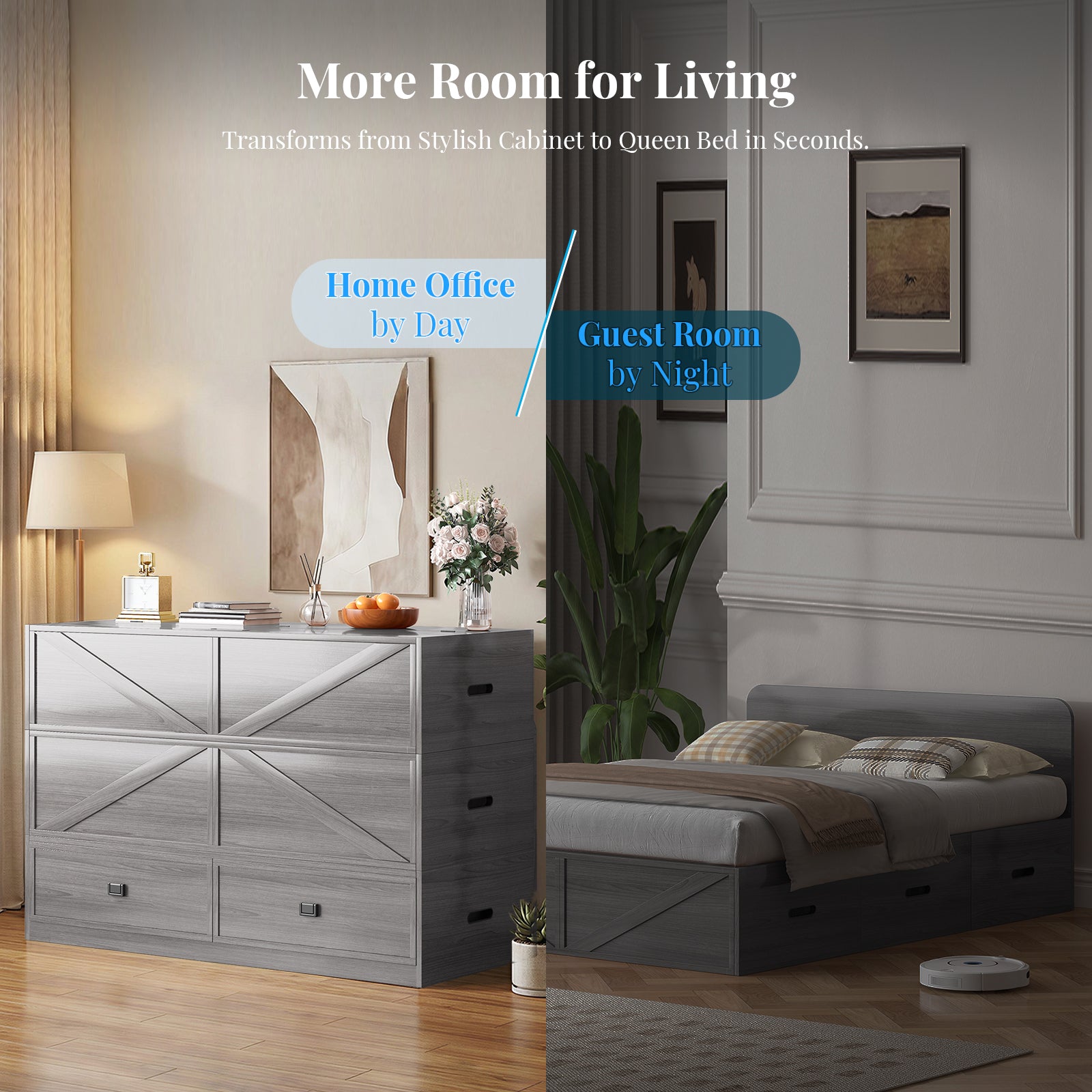 Puremind Full/Queen Size Murphy Bed with Mattress Included, Convertible Wall Bed into Modular Sofa Set for Bedroom/Small Space