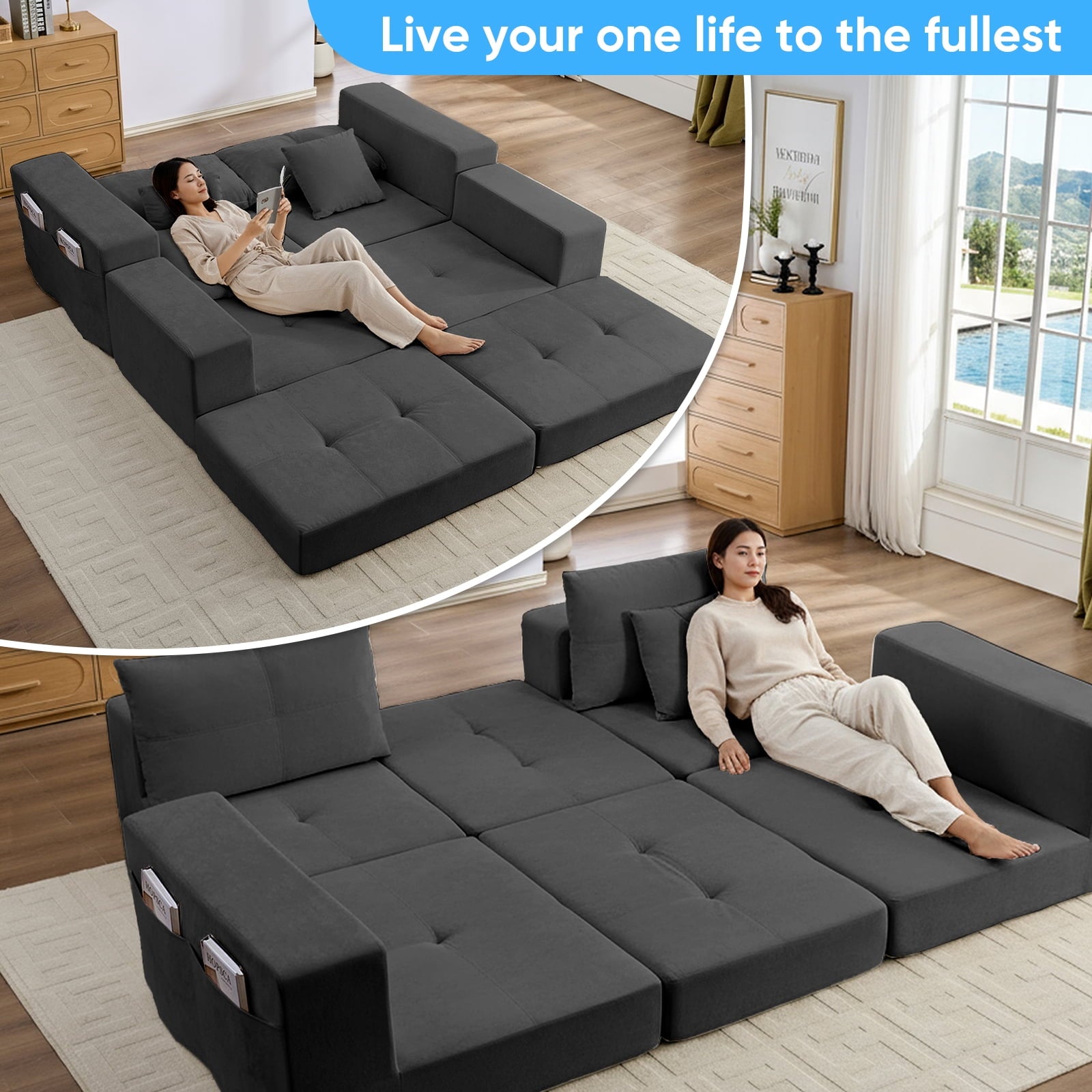 ijuicy Modular Floor Sofa Bed, 6-Piece Sectional Sleeper Sofa with Storage Pocket & Pillows, Chenille Foldable Boneless Couch, No Assembly