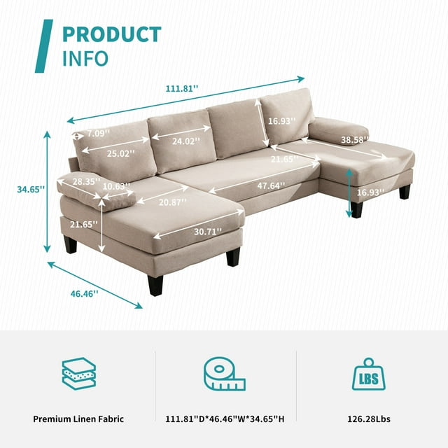 Cecer U Shaped Sectional Sofa, 4-Seat Modular Sofa, Living Room Modern Couch with Chaise