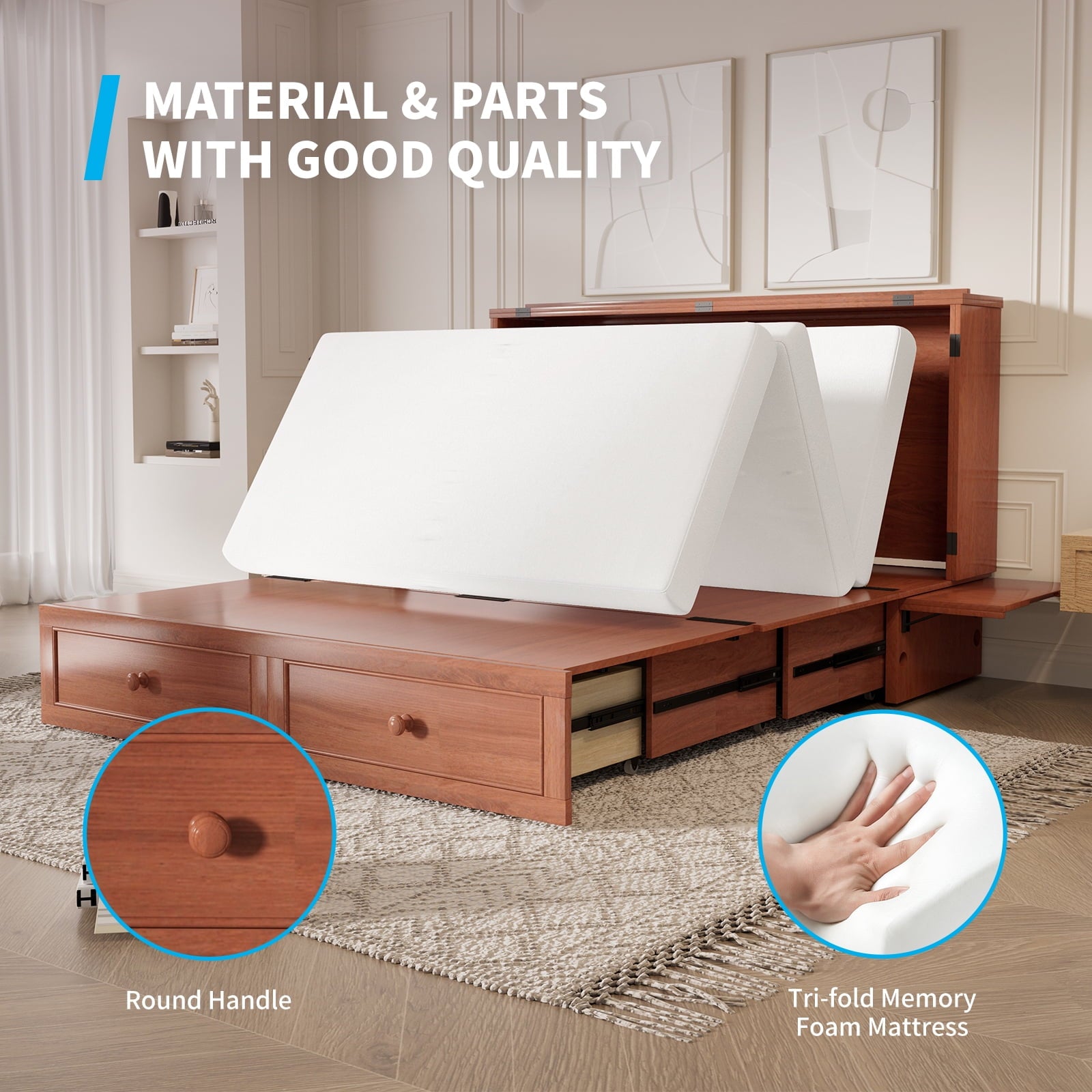 Puremind Queen Size Murphy Bed with Mattress, Murphy Cube Cabinet Bed with USB Charging Station and Large Storage Drawer, Murphy Chest Bed for Small Guest Room/Home/Office,