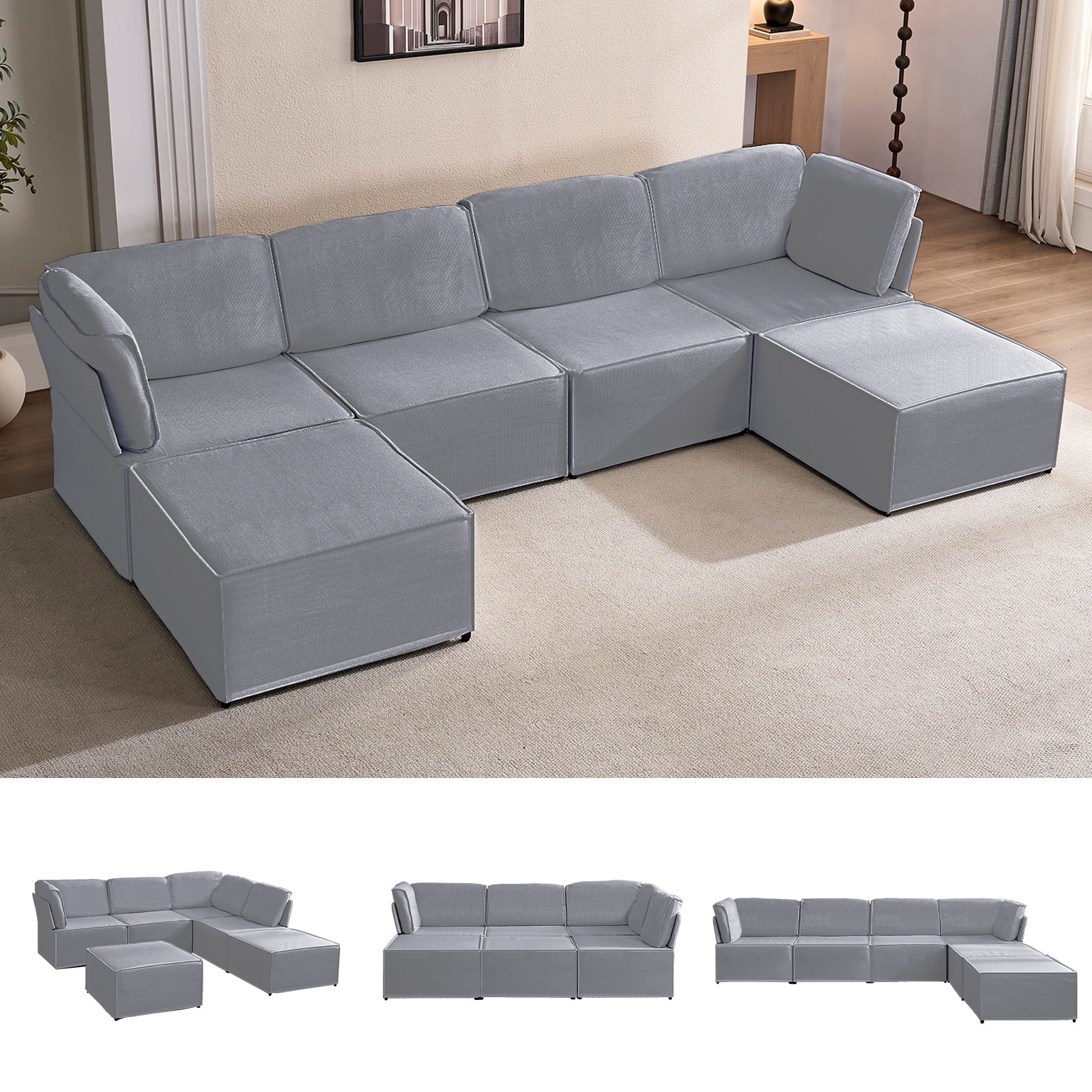 Puremind Modular Sectional Sofa with Movable Ottoman, Convertible U Shaped Couch, Linen 6 Seater Free Combination Sleeper Sofa for Living Room