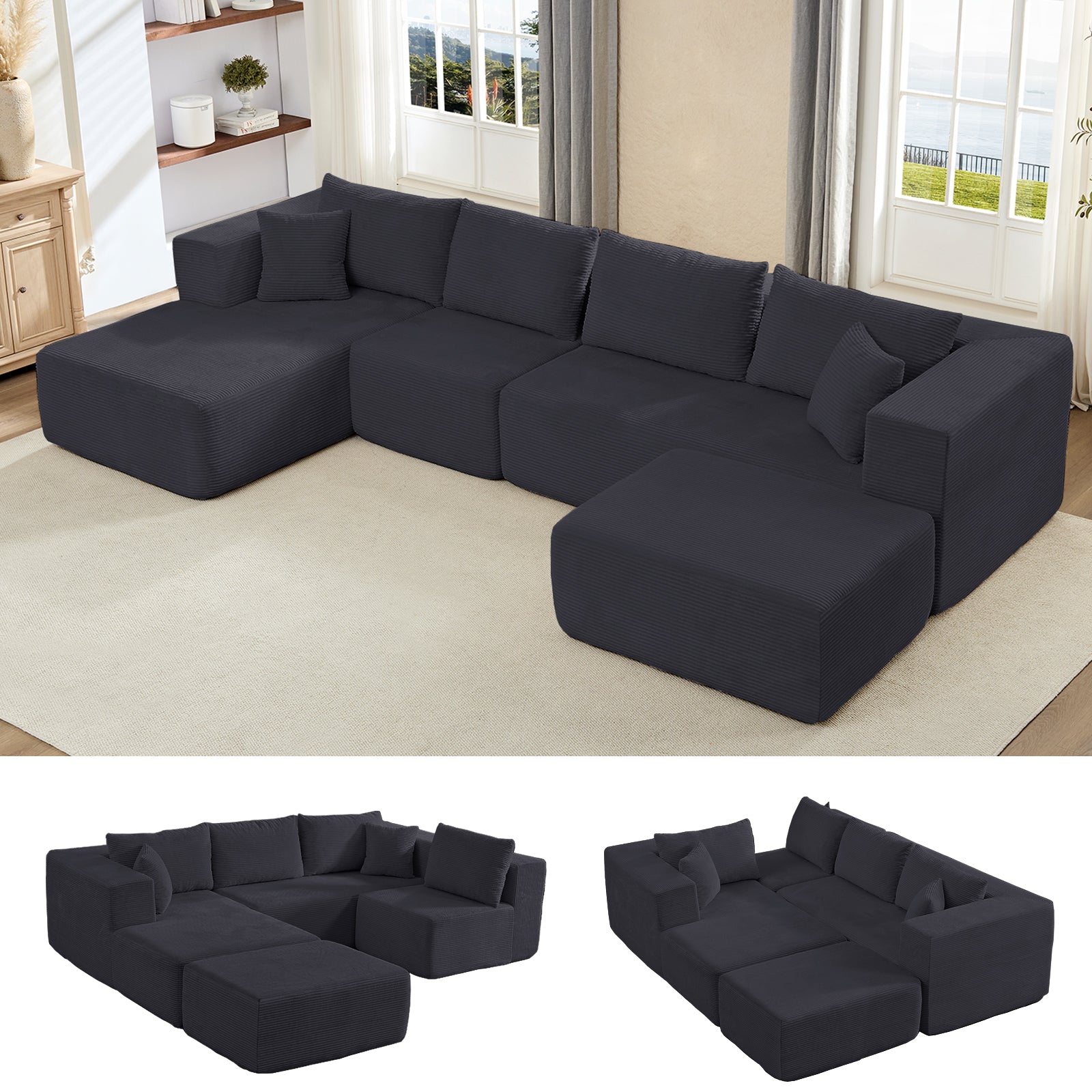 BALUS 135" Modular Cloud Sofa, 6 Seaters U Shaped Sectional Couch, Convertible Sofas with Ottomans, Living Room Furniture, Corduroy